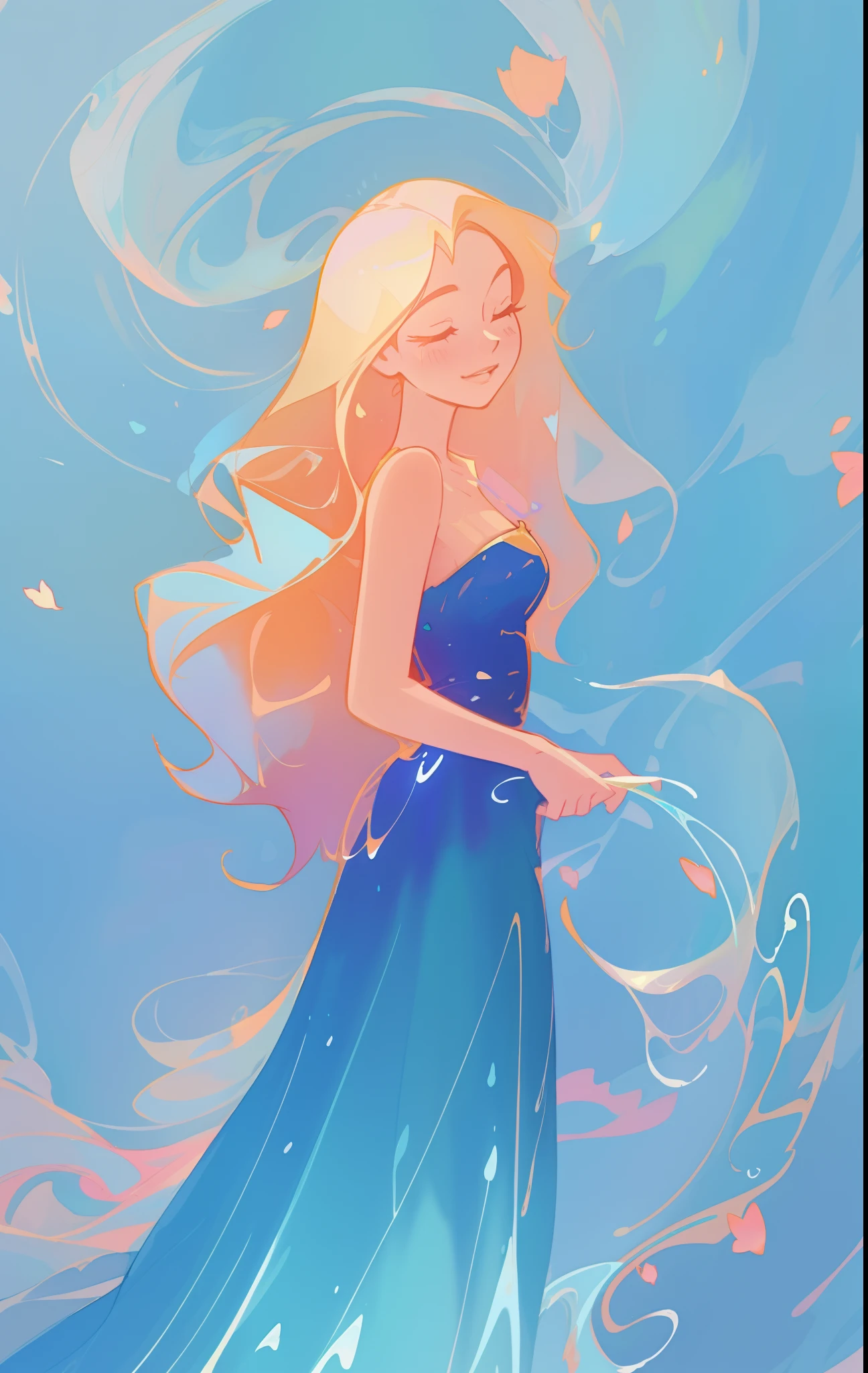 beautiful girl in flowing blue gradient dress, long wavy flowing gold hair, swirling liquid lines background, watercolor illustration, inspired by Glen Keane, inspired by Lois van Baarle, disney art style, by Lois van Baarle, glowing aura around her, by Glen Keane, jen bartel, glowing lights! digital painting, flowing glowing hair, glowing flowing hair, beautiful digital illustration, fantasia otherworldly landscape plants flowers, beautiful, masterpiece, best quality, anime disney style
