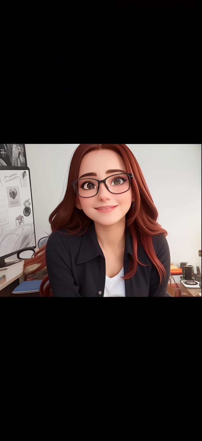 Uma mulher de 18 anos, com longos cabelos castanhos, Rosto redondo, sorriso encantador, e olhos castanhos, wearing glasses.