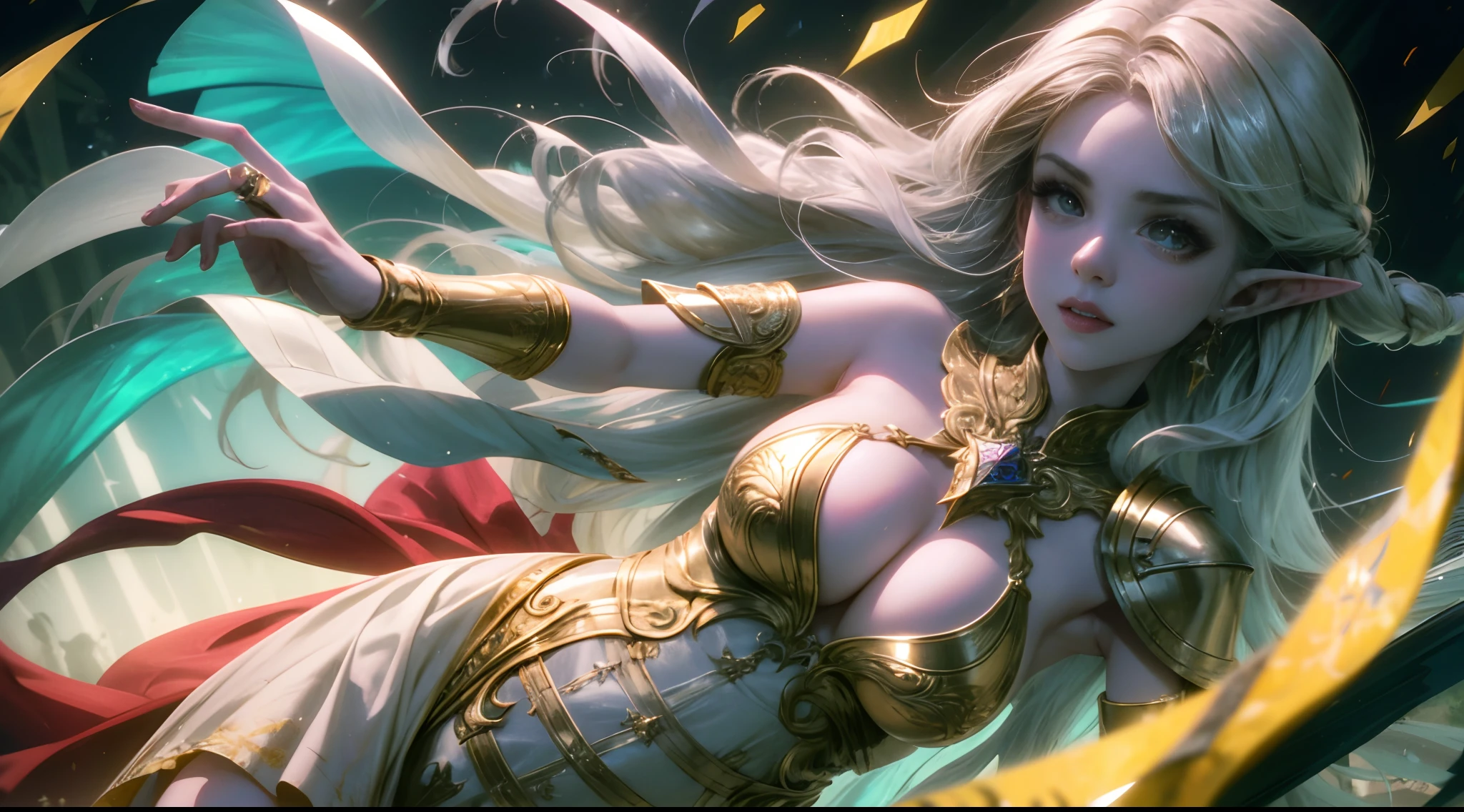 A girl,cabellos largos dorados,the elf,pointy ears,A detailed face,roll eyes,Glossy lips,Exquisitehands,Five fingers,,SBG,grab chest,Breast lift,Beautiful curves,potbelly,Wide hips,thick thight,Steel masks,bikini armor,Fantasy armor,Lying in the forest,absurdist,A high resolution,Super sharp,8K,tmasterpiece,pregnant women with,View the audience,