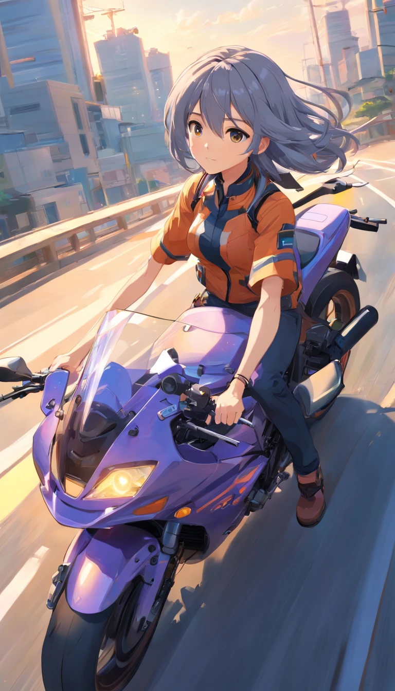 best qualtiy, tmasterpiece, 超A high resolution, realisticlying, 1 girl,(Long grey hair),Iris heterochromic pupil,(ssmile)(Riding a race motorcycle),(Ride Kits),Motorcycle Trucks,wide angles