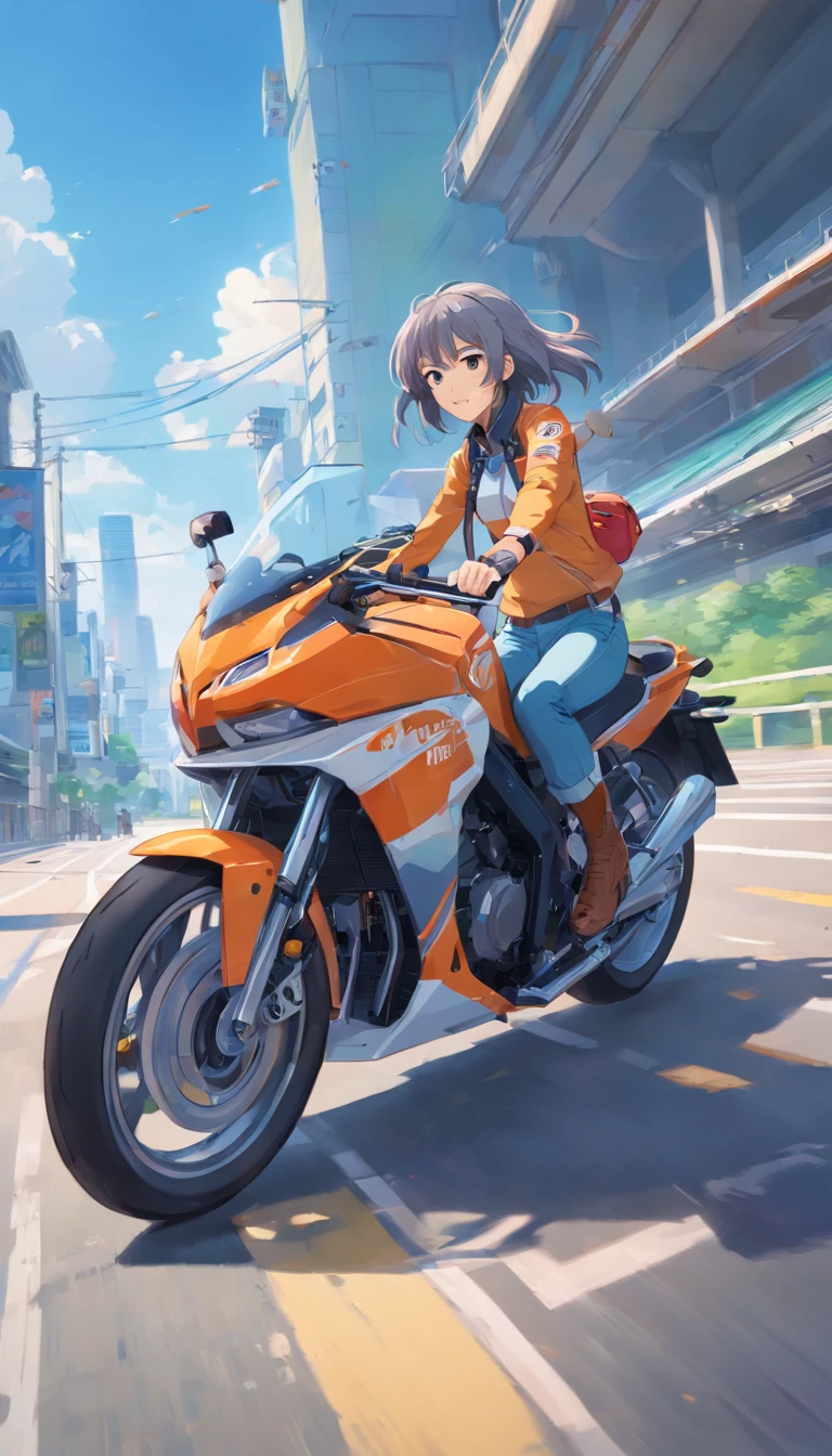 best qualtiy, tmasterpiece, 超A high resolution, realisticlying, 1 girl,(Long grey hair),Iris heterochromic pupil,(ssmile)(Riding a race motorcycle),(Ride Kits),Motorcycle Trucks,wide angles