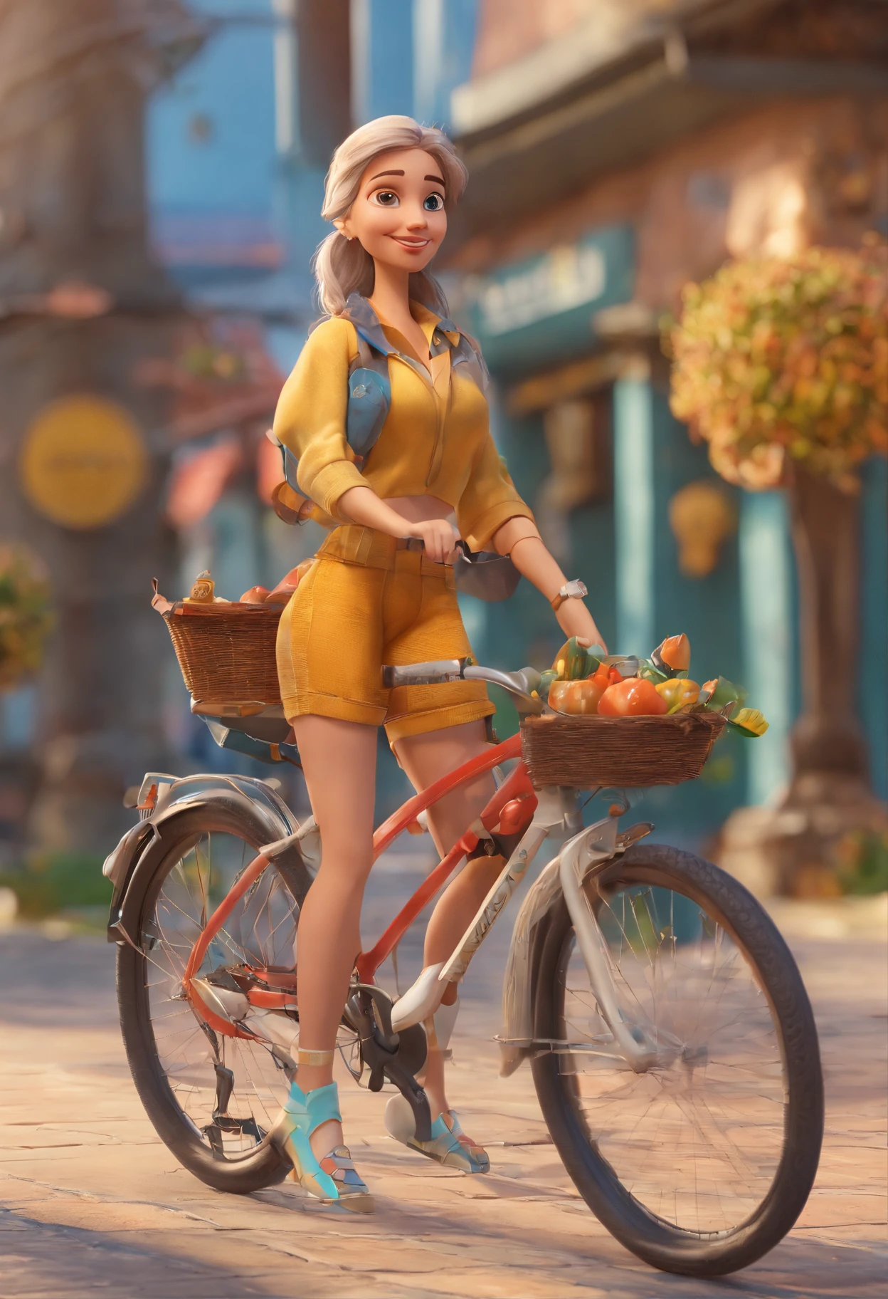 Cena estilo Disney pixar de Jovem de 40 anos, branco cabelos loiros longos, with braid,andando de bicicleta na pista, bicicleta amarela, loira com roupa colada de ciclista e capacete preto, mulher de nome kerliny