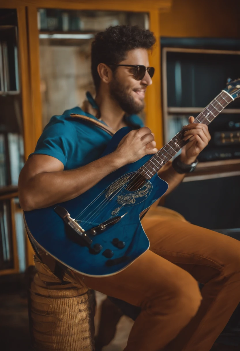 Jovem sorrindo enquanto toca guitarra