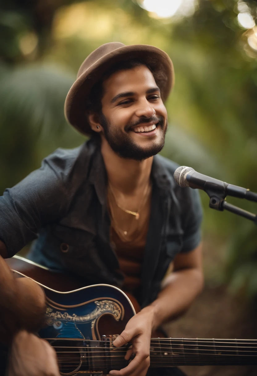 Jovem sorrindo enquanto toca guitarra