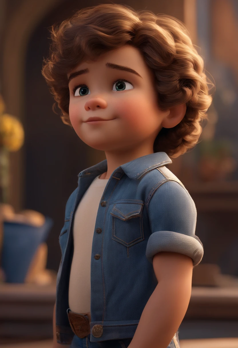 imagem: Estilo Pixar: Personagem branco, Cabelos lisos, Medium Hair in Jeans and Dark Eyes Pre Toddler