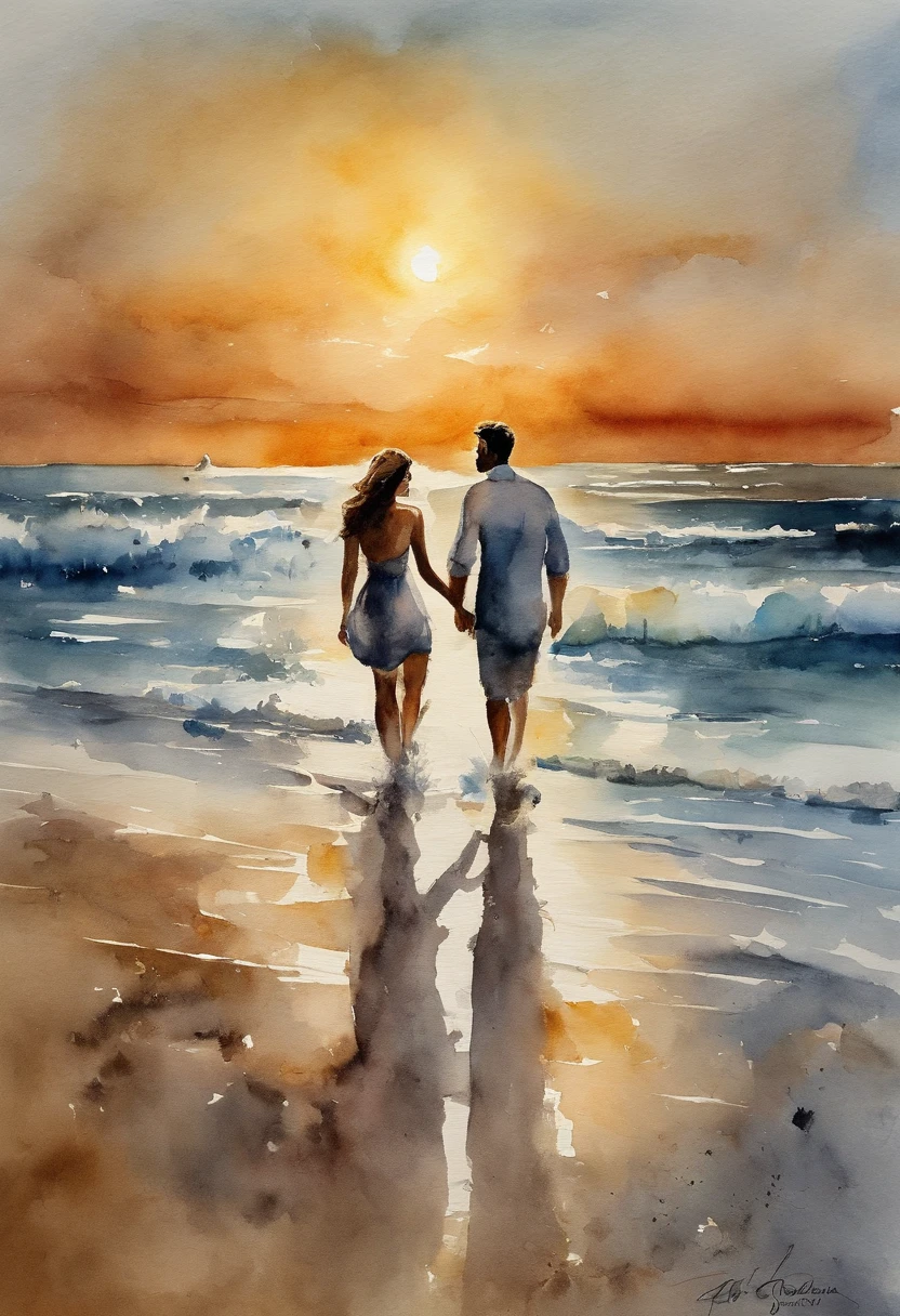 SENTIDO DO CINEMA,Beautiful night by the sea, Couple in love ran from the beach to the sea,Ondas branco-prateadas batendo contra a praia,lua cheia