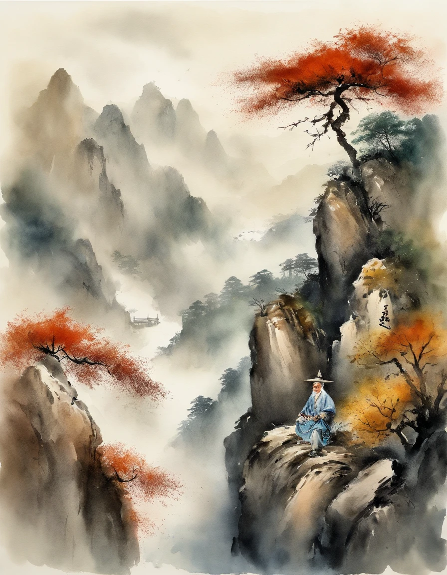 Chinese men, Zhuge Liang stood on the top of the mountain and looked at it from afar, with a solemn expression
