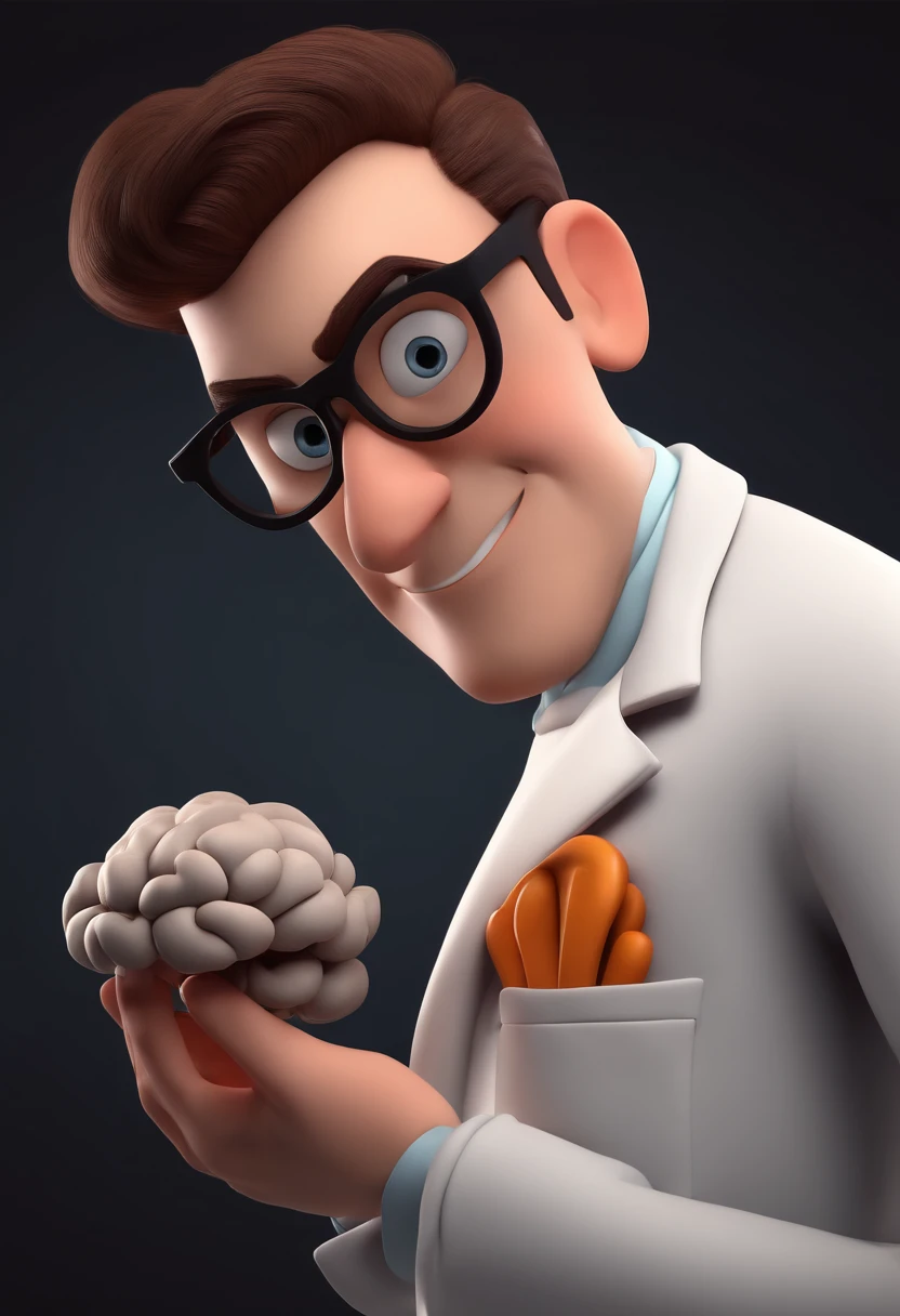 Cartoon character of a brunette man with white glasses and a lab coat, Holding a Brain Animation Character, Caractere estilizado, animation style rendering, 3D estilizado, Arnold Maya render, 3 d render stylized, toon render keyshot, Personagem 3D, Personagem 3D, 3d rendering stylized, 3 d character render, personagem de desenho animado, Personagem de close up, Pose de personagem, (Estilo Pixar) (master part:1.2) (Bokeh) (best quality) (pele detalhada) (textura detalhada) (8k) (argila) (Cinematic lighting) (foco nítido
