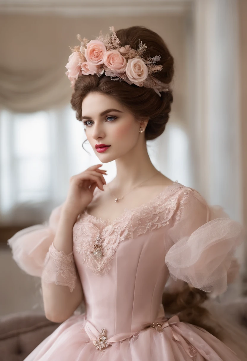 Menina bonita nova no estilo vitoriano、Cabrito、Young Child 1. **moda**: Victorian fashion is characterized by sleek and elegant design。Ruffles and laces、Espartilhos、Tente incorporar elementos como vestidos longos。 2. **penteado em**: Women's hairstyles in the Victorian era are often complex and delicate。Upstyling e curling、It's also a good idea to add ribbons and floral ornaments to your hair.。 3. **Characteristics**: Facial features of girl with soft features、Embelezamento、kawaii、Lindo 5. **Accessorized**: Accessories played an important role in the Victorian era。hats、colares、Luvas、Guarda-chuvas, etc.、Calling accessories with attention to detail、You can give personality to your character。 vestido bonito、Floral、Trajes luxuosos、pink there、PastelColors