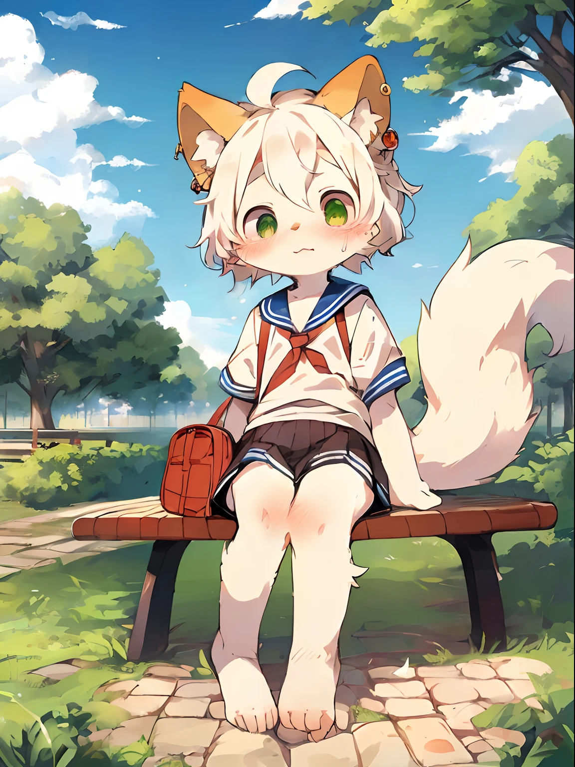 masutepiece, High quality, Absurd resolution, Digital Painting \ (The artwork \), By Dagasi, yupa, Kiyosan, (fluffy fur, White fur, Full body fur,), Male ,独奏,One subject, Green eyes, White hair,I have a red school bag,Cute earrings,Ears lowered,kawaii,Sweating,a sailor suit, Embarrassing,a miniskirt,Bare legged, Bright eyes,4 etc ,the panorama, Character Focus. Detailed background, cloud background,a park,Bench under the tree ,sitting on,pov from down,エロ