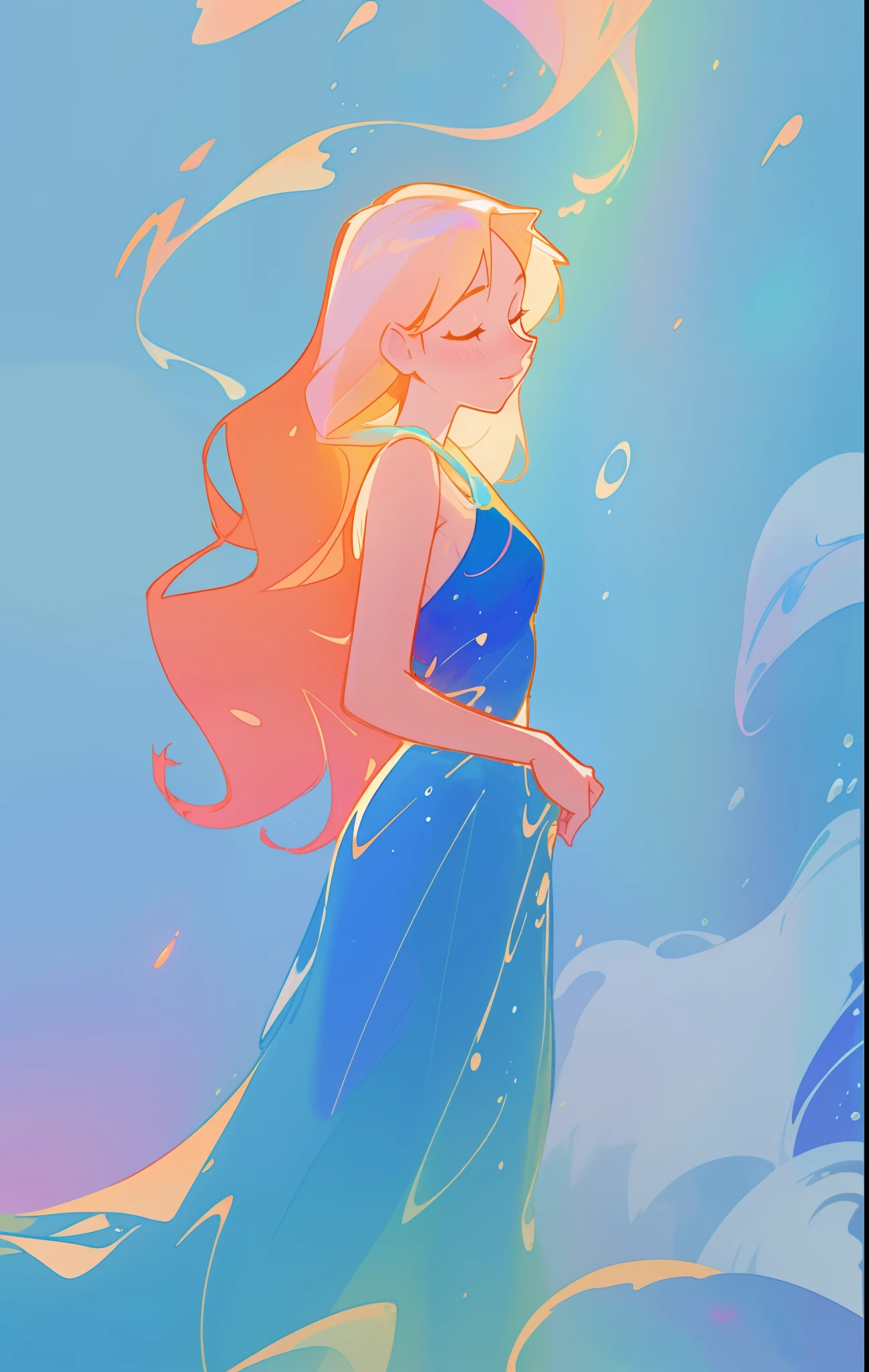beautiful girl in flowing blue gradient dress, long wavy flowing gold hair, swirling liquid lines background, watercolor illustration, inspired by Glen Keane, inspired by Lois van Baarle, disney art style, by Lois van Baarle, glowing aura around her, by Glen Keane, jen bartel, glowing lights! digital painting, flowing glowing hair, glowing flowing hair, beautiful digital illustration, fantasia otherworldly landscape plants flowers, beautiful, masterpiece, best quality, anime disney style