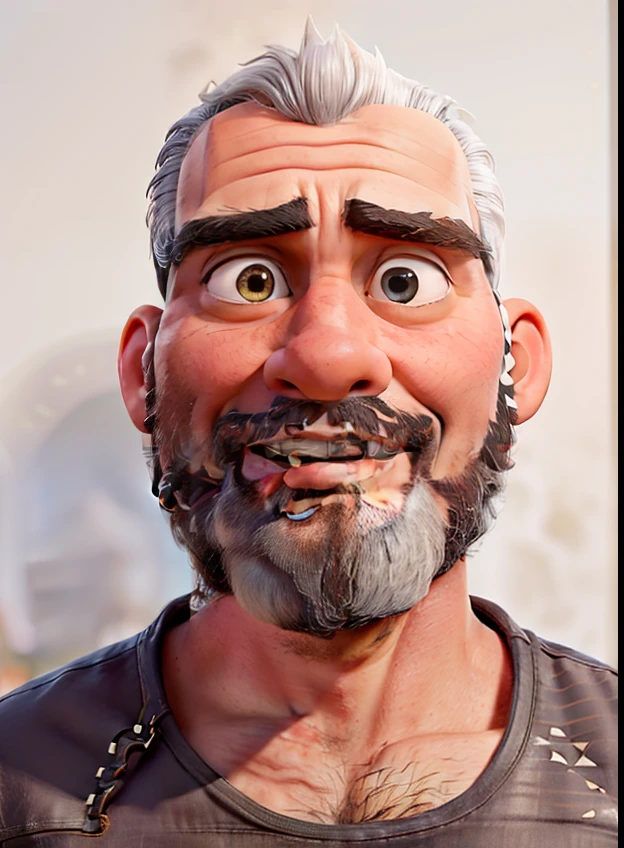 master part, best quality, um velho com barba branca e longos cabelos castanhos, vestindo uma jaqueta de couro e jeans preto, ao lado de sua motocicleta