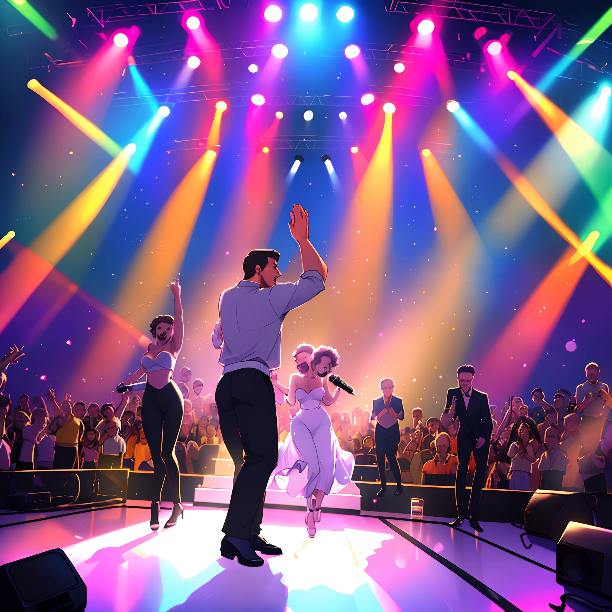 Illuminated 80's style ballroom with lots of people dancing and a stage in the background with a singer at the microphone being overshadowed by a ray of colored light from the stage to the hall.