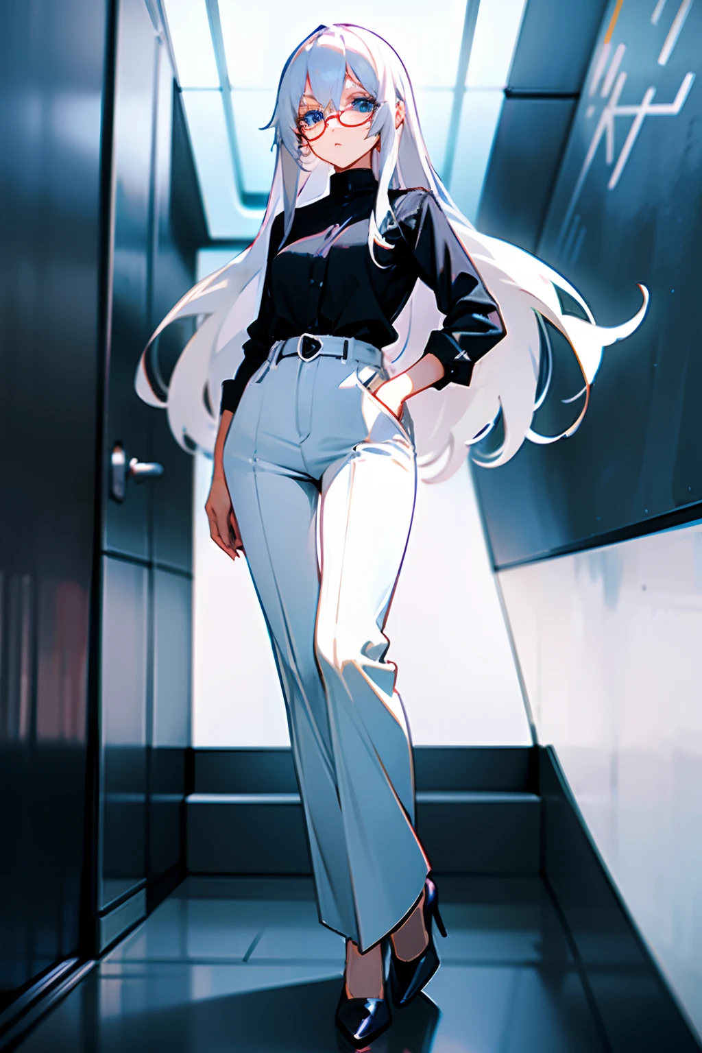 White anime girl, tall, long white hair, dark blue eyes, eyeglasses, black shirt, white high waist dress pants, hands on her pockets, high heels, silver wristwatch, neutral face, looking to the viewer, inside a wide elevator.