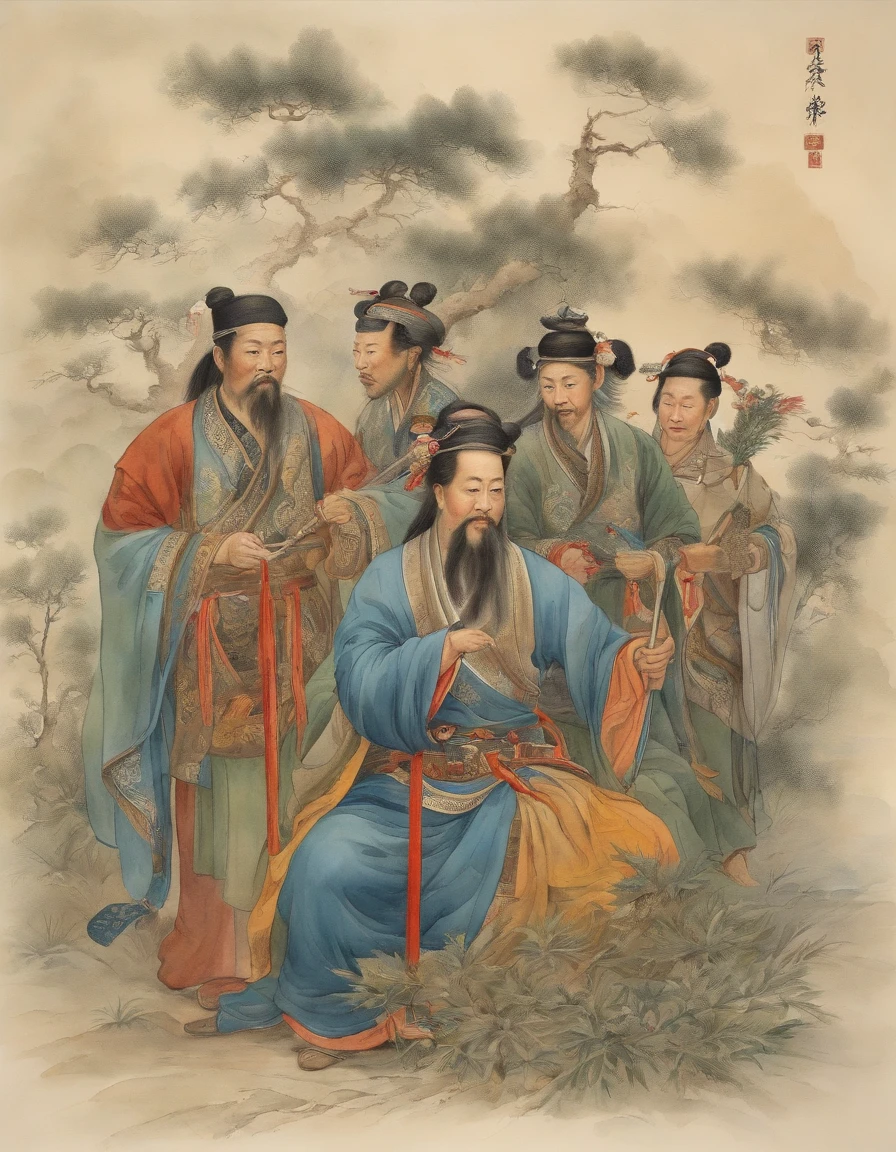 Chinese men and women, Drunken Eight Immortals The Eight Immortals have different postures Each holding a magic weapon gathers in the dense wormwood bushes,Wormwood in the hand