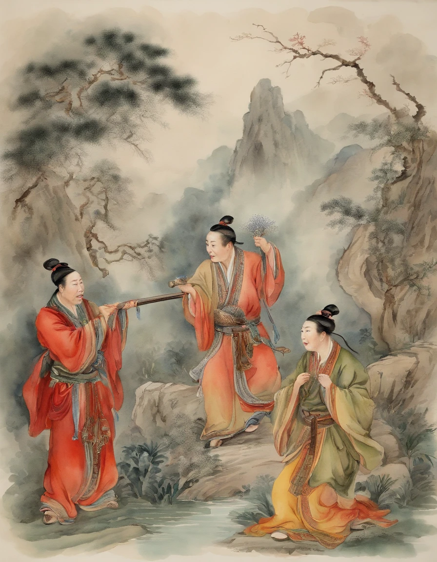 Chinese men and women, Drunken Eight Immortals The Eight Immortals have different postures Each holding a magic weapon gathers in the dense wormwood bushes,Wormwood in the hand