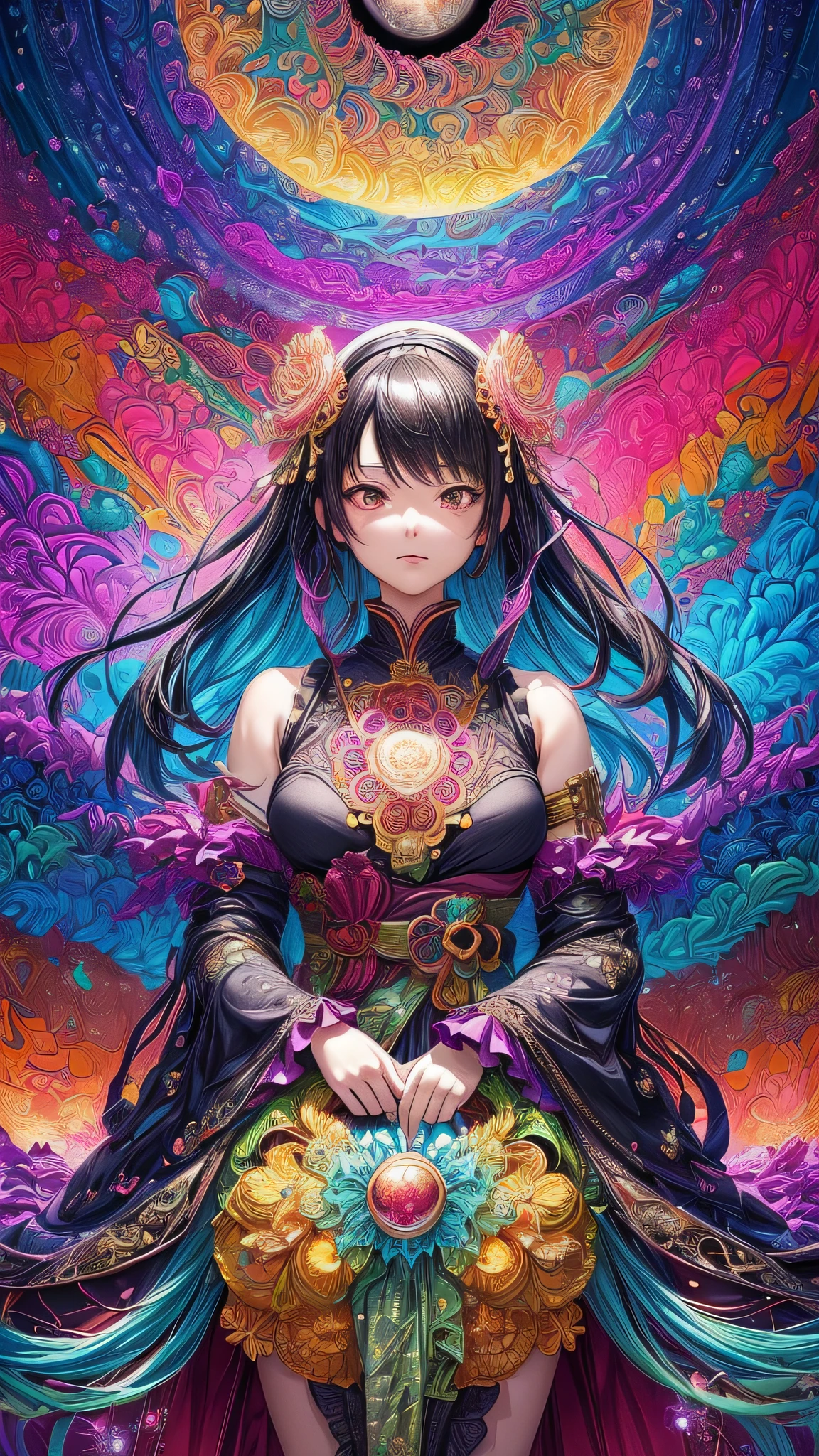 (masutepiece, of the highest quality, Best Quality, Official art, Beautiful and aesthetic:1.2), (1girl in), ighly detailed,(Fractal Art:1.3),Colorful,highest details, pastel, Luminous, blazing, pearlescent, Irridescent color, Sun, Moon