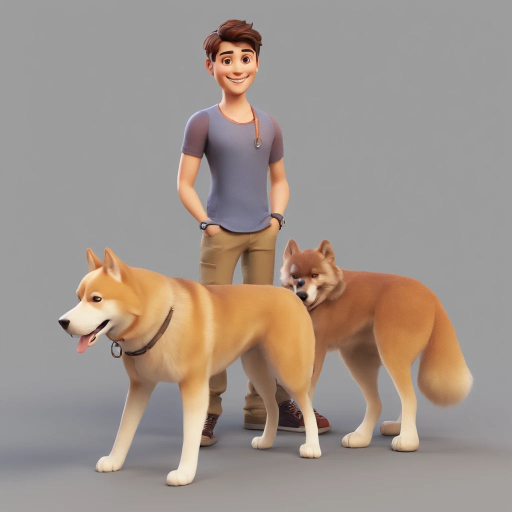 Barbara is a smiling 25-year-old human boy, ruiva, com seu fiel amigo, Akira , o cachorro husky siberiano marrom e branco , deitados no jardim