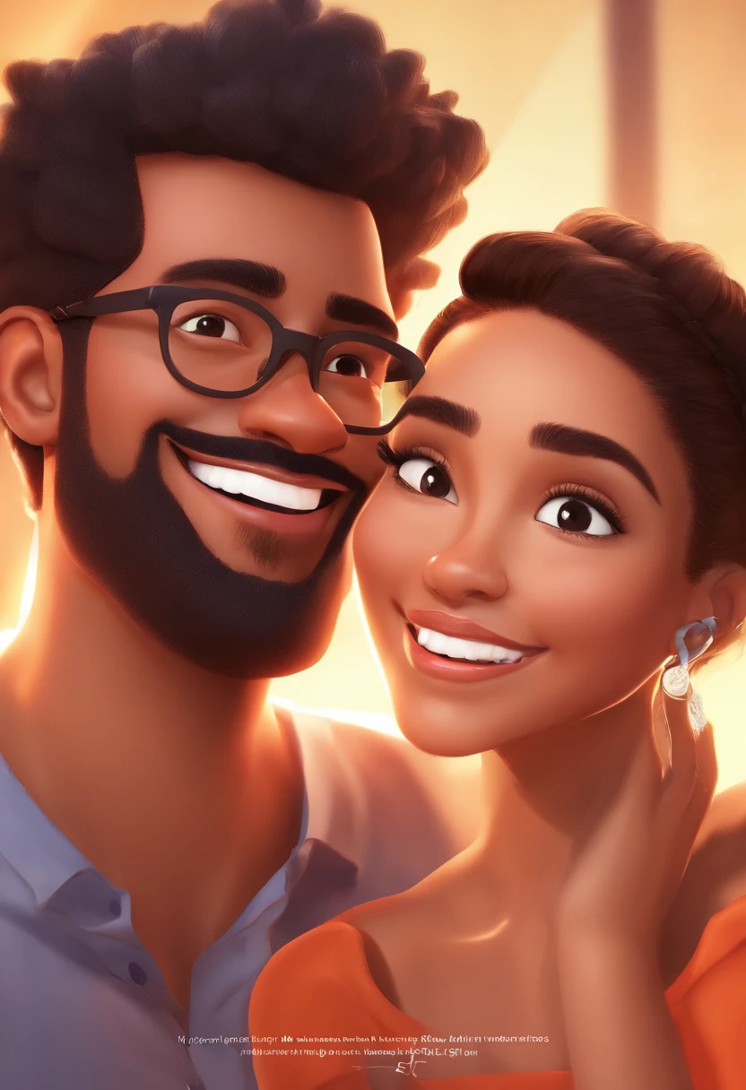 An illustration of an adorable couple, Highlight for a chubby mulatto man with glasses smiling and a brunette woman with beautiful expressive eyes - the man's skin is mulatto and the man's hair haswhile the woman's skin is black and the woman's hair is straight and brown. They are a bright room, cada um com um sorriso no rosto, e compartilhar um momento especial caracterizado pelo amor, Insights. Illustrate this scene from a perspective where they are facing the camera, Smiling and Showing Your Connection. Desenvolva esta arte em Full HD, Focus on your cinematic touch, Estilo Disney Pixar Animations