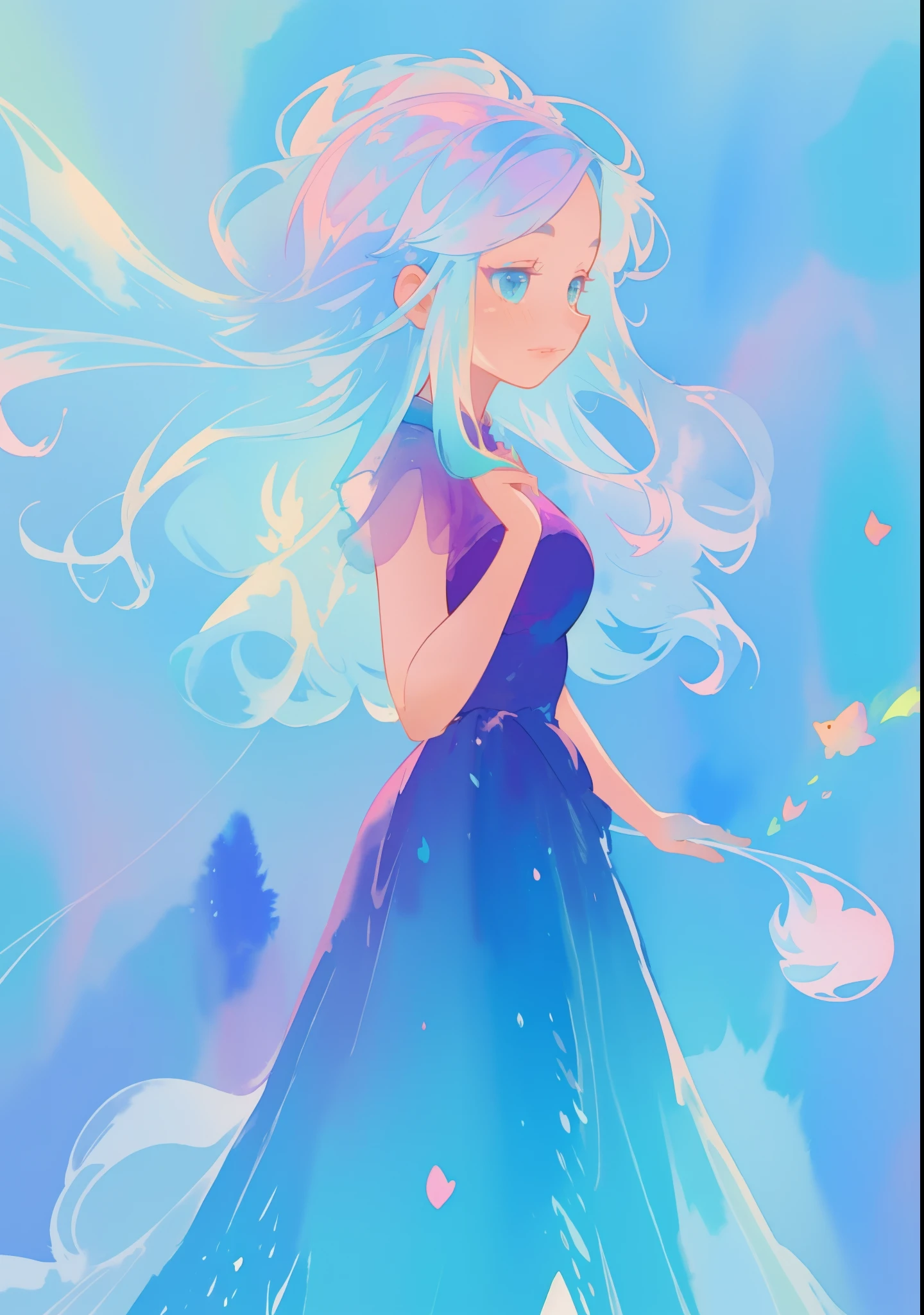 beautiful girl in gradient blue flowing ballgown, colorful pastel color hair, fantasia watercolor background, watercolor illustration, masterpiece, best quality, sharp focus, 8k resolution, high resolution, intricate details, highly detailed, whimsical, magical, fantasia, beautiful face