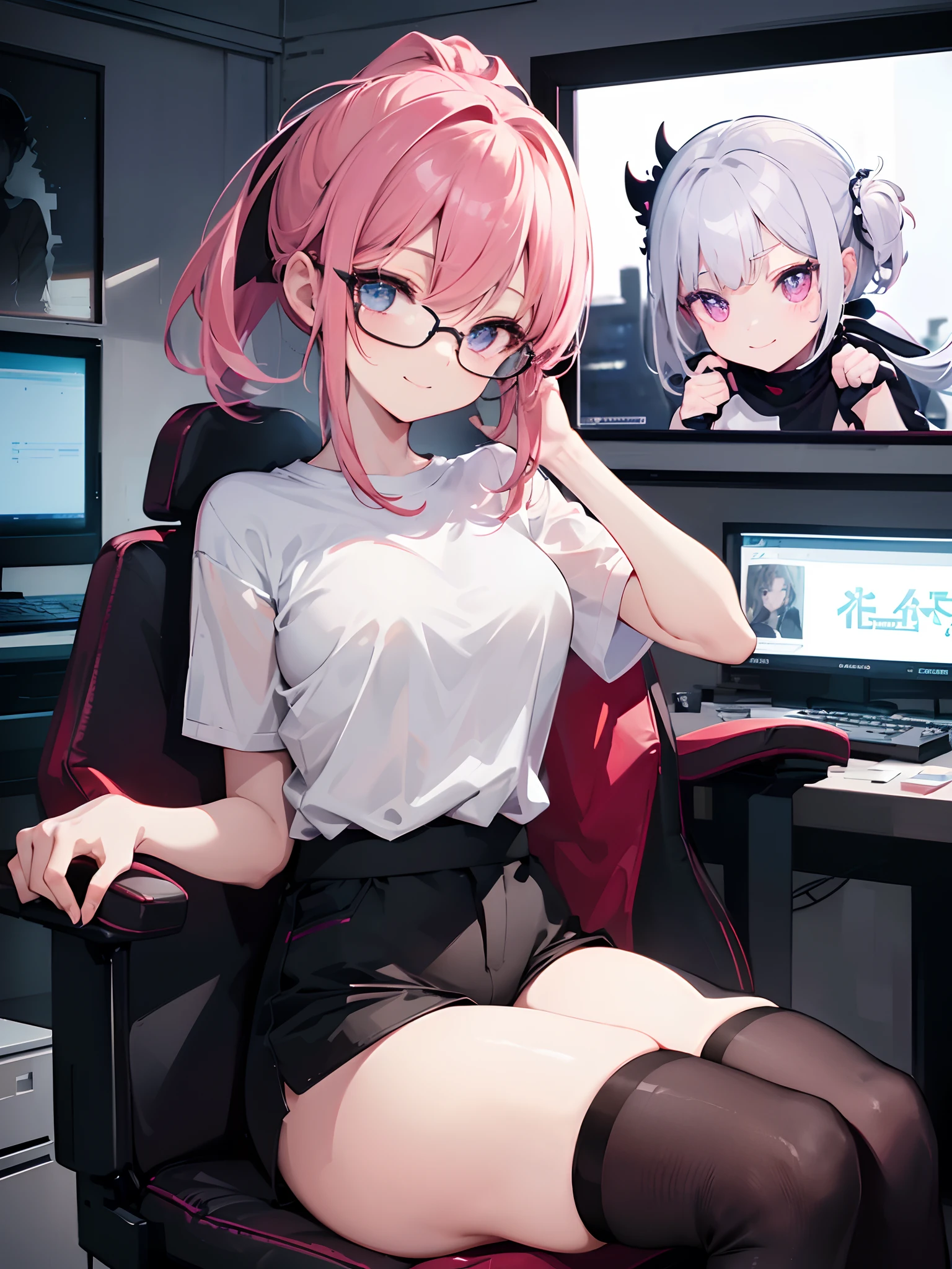 ((top-quality)),(An unparalleled masterpiece),(Super exciting),(Unified 8K),(extremely clear),(Very sophisticated),(Anime-like),(2D Photography)、portrait of a full body、japanaese girl、a 、Pink shorthair、Pink short ponytail、drooing eyes、blue eyes、long eyelashes、tthin eyebrows、Beautiful breasts、White Short Sleeve Printed T-Shirt、Black Hot Pants、Large Gaming Monitor Background、Black Gaming Chair、Are sleeping、up chest、Smiling smile、closes mouth、emphasis on the buttocks、Describe facial expressions in detail、Black Frameless Glasses、reclined、In a dark room at dusk、Face lighting、Focus on the face、Make your face look brighter、Wave your right hand、Left Hand Set