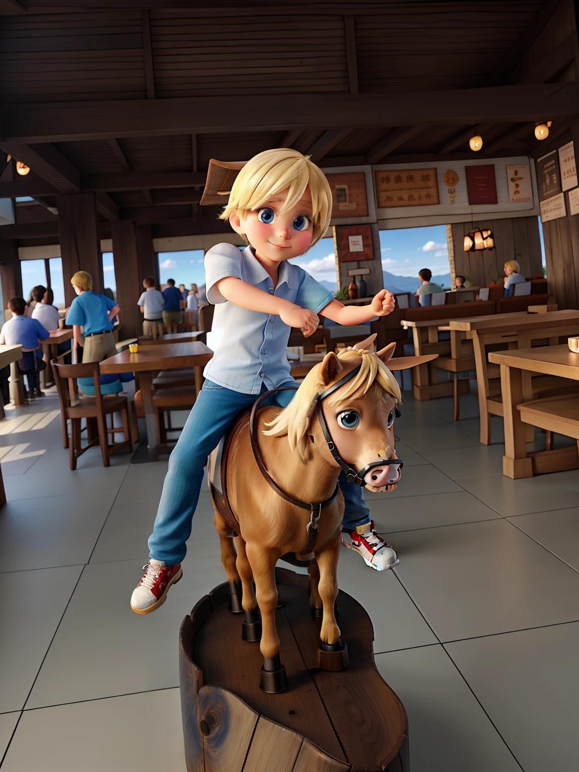 Blonde blue-eyed child taking photo on top of a wooden goat inside a restaurant
