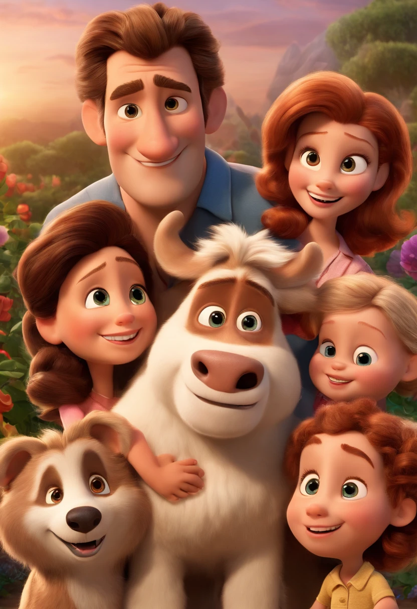 a Disney Pixar movie poster showing a white-skinned family. The father is the tallest, Tem barba curta, loiro, cabelos curtos e espinhosos. The mother has brown eyes and hair, shoulder-length and is slightly overweight. A tem 4 anos e cabelos castanhos, roupa rosa e rabos de cavalo. The background is a beach garden. 3D-rendering