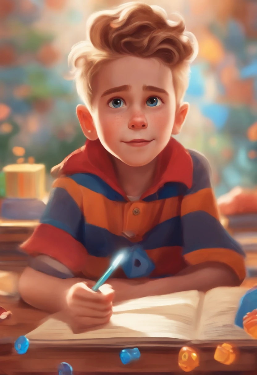 Image of a boy for a story in a YouTube video in Pixar format, He's the little allabester, He's the class leader, He's outgoing, Playful and gets up for a lot of things, cabelo curto
