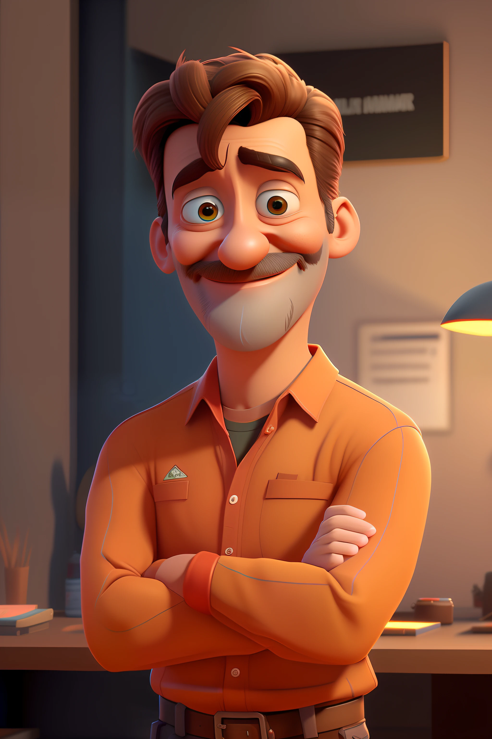 personagem de desenho animado de um homem com um bigode e uma camisa, Pixar's Renderman rendering, pixar retrato 8 k foto, Arnold Maya render, animation character, renderizar na pixar, Personagem de close up, Como um personagem da Pixar, personagem pixar, Representado como um personagem da Pixar, pixar rendering, Pixar 3D rendering, toon render keyshot, personagem de desenho animado, animado ainda, Renderman da Pixar