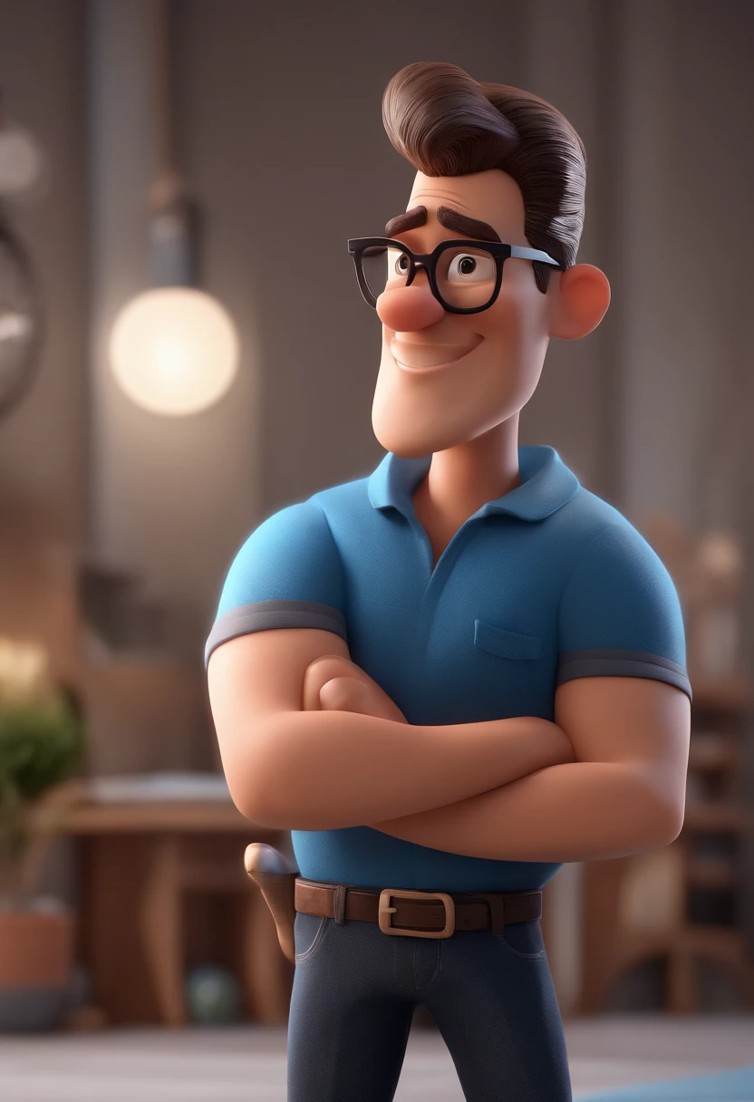Cartoon character of a man with black glasses and a blue shirt, animation character, Caractere estilizado, animation style rendering, 3D estilizado, Arnold Maya render, 3 d render stylized, toon render keyshot, Personagem 3D, Personagem 3D, 3d rendering stylized, 3 d character render, personagem de desenho animado, Personagem de close up, Pose de personagem,  (Estilo Pixar) (master part:1.2) (Bokeh) (best quality) (pele detalhada) (textura detalhada) (8k) (argila) (Cinematic lighting) (foco nítido