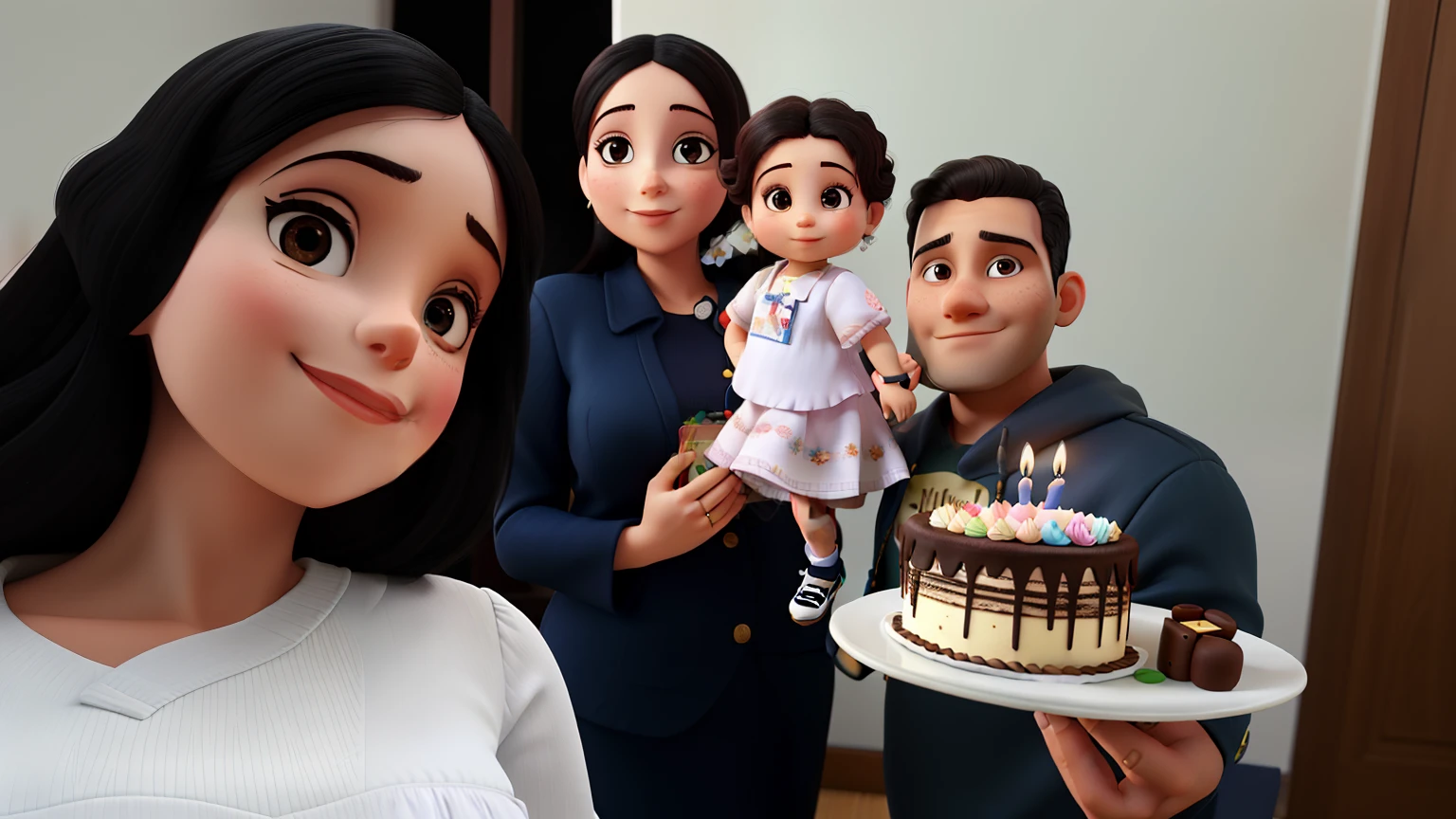 Um mulher, duas filhas, A baby, Her spouse having a birthday and holding a cake.