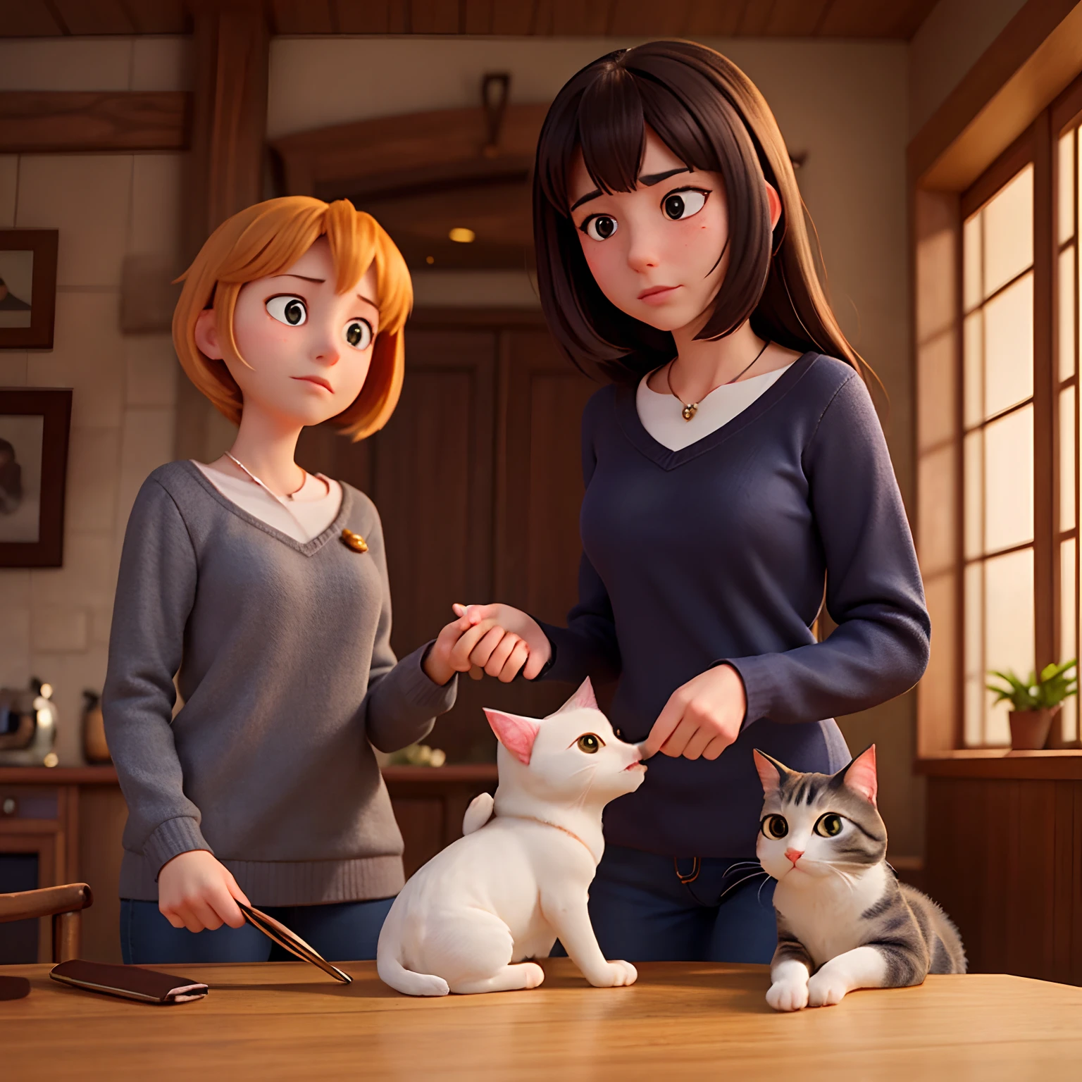 "Describe the emotional bond between a woman and her two cats as she tenderly feeds them. The scene unfolds in a serene and snug setting, conveying a sense of closeness and affection between the three characters. Explore their expressions and interactions, emphasizing the loving connection and the significance of the bonds between pets and their owners."