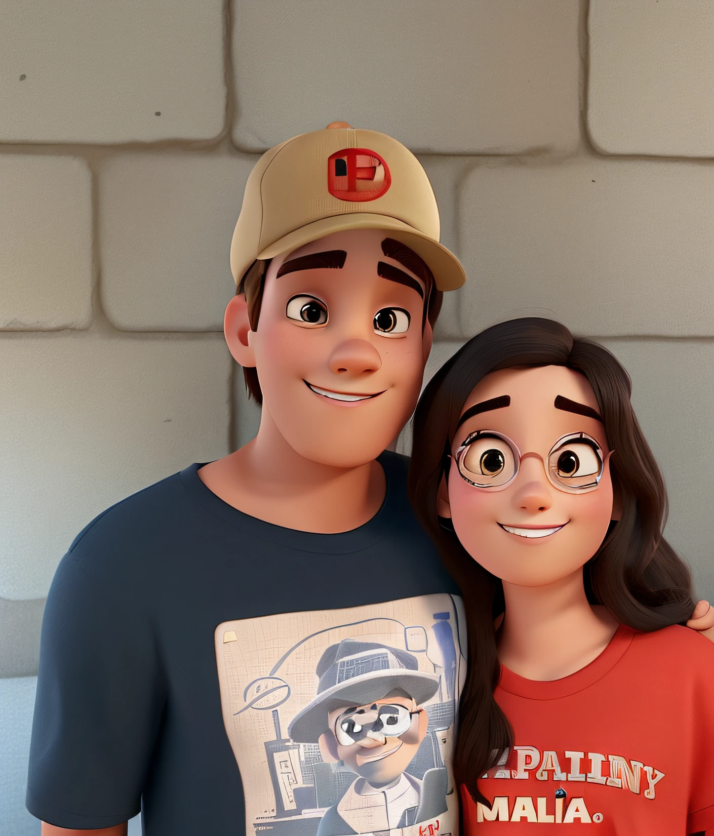 A man with beige cap round symbol with an X and a woman Disney Pixar style, alta qualidade, melhor qualidade