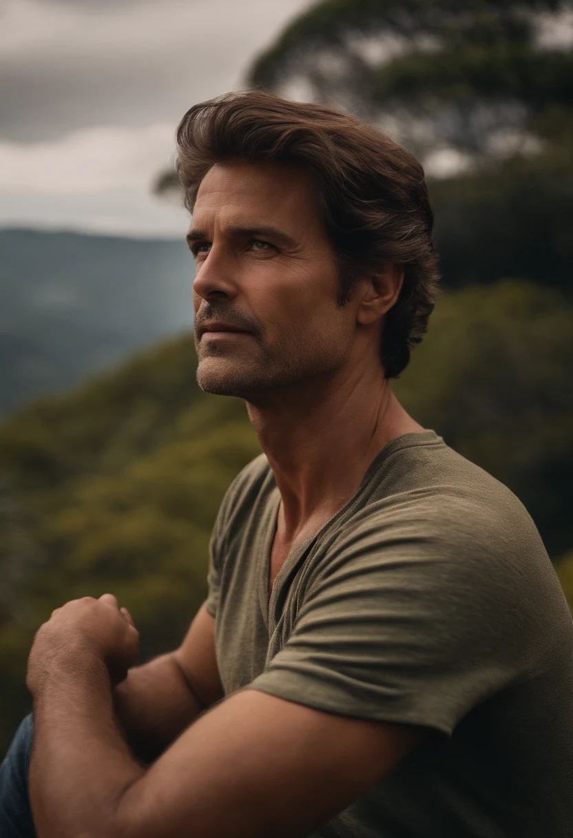 um homem, brown hair, curto, 45 anos em bela paisagem, forma realista