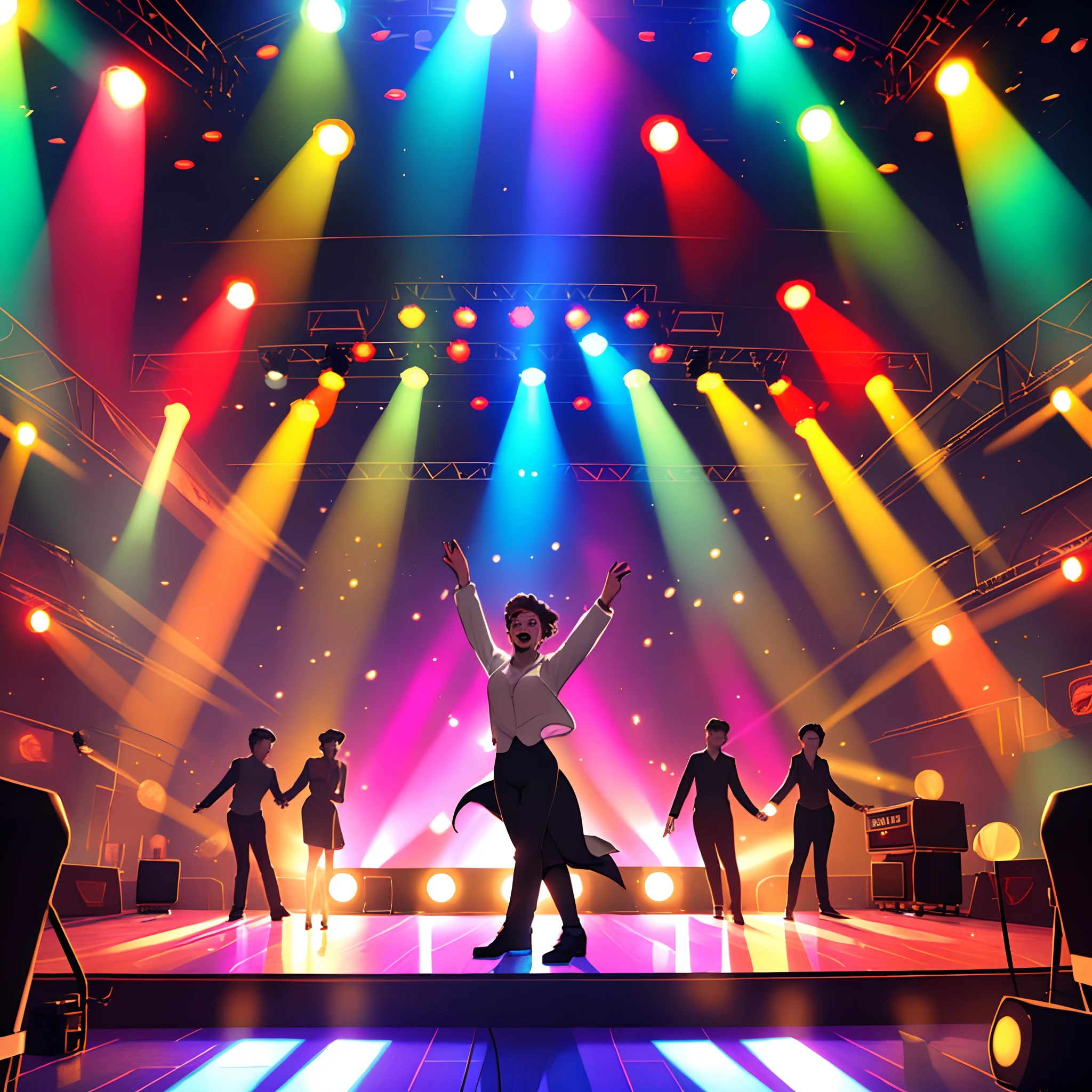 Illuminated 80's style ballroom with lots of people dancing and a stage in the background with a singer at the microphone being overshadowed by a ray of colored light from the stage to the hall.