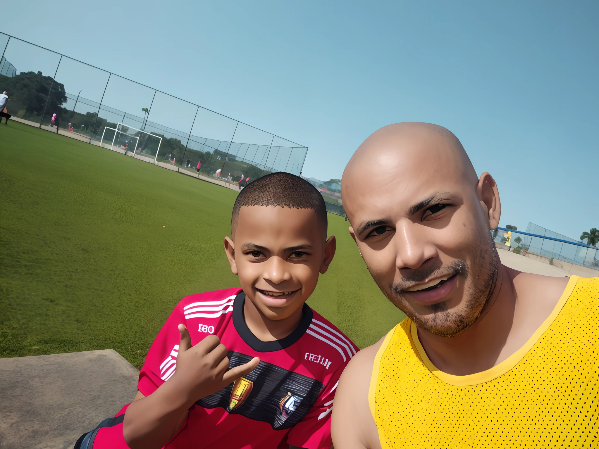 there is a man and a boy sitting on a bench, with a kid, Ronaldo Nazario Fenomeno, Ronaldo Luis Nazario da Lima, no parque em um belo dia, Ronaldo Luis Nazario de Lima, Ronaldo Nazario, jogar futebol, em um campo de futebol, no parque, Wining, fotografia, Captura do iPhone, Mohamed Reda