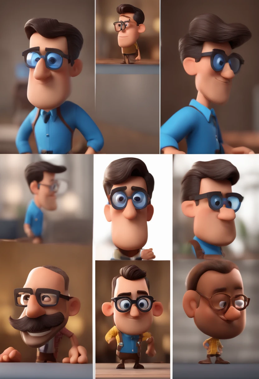 Cartoon character of a man with black glasses and a blue shirt, animation character, Caractere estilizado, animation style rendering, 3D estilizado, Arnold Maya render, 3 d render stylized, toon render keyshot, Personagem 3D, Personagem 3D, 3d rendering stylized, 3 d character render, personagem de desenho animado, Personagem de close up, Pose de personagem,  (Estilo Pixar) (master part:1.2) (Bokeh) (best quality) (pele detalhada) (textura detalhada) (8k) (argila) (Cinematic lighting) (foco nítido