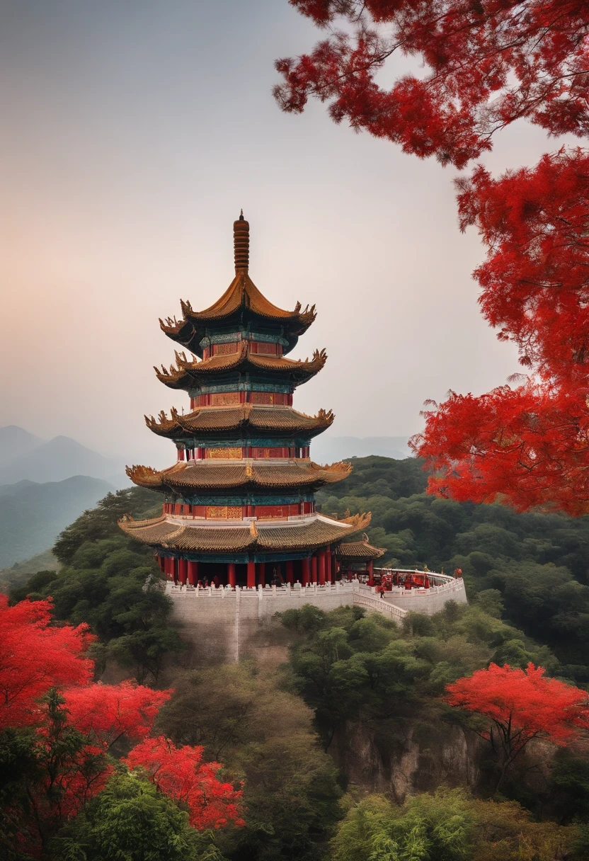 Grande pagode do ganso selvagem na China antiga,Panoramic Figures,Clima festivo,A lua paira alta,cheio de luzes, Cidades no ar,chinese style architecture,High angle view, multiple characters