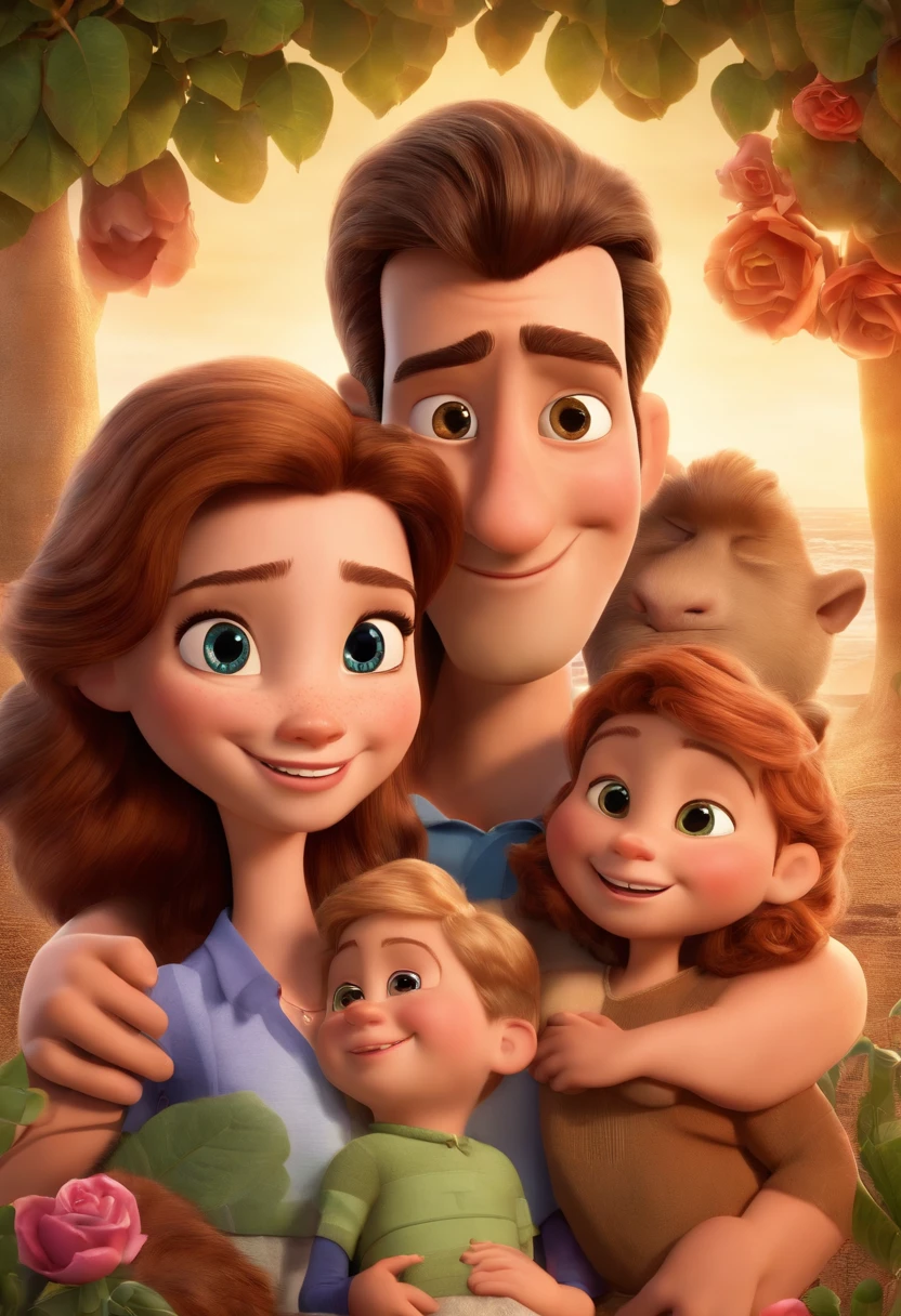 a Disney Pixar movie poster showing a white-skinned family. The father is the tallest, Tem barba curta, loiro, cabelos curtos e espinhosos. The mother has brown eyes and hair, shoulder-length and is slightly overweight. A menina tem 4 anos e cabelos castanhos, roupa rosa e rabos de cavalo. The background is a beach garden. 3D-rendering