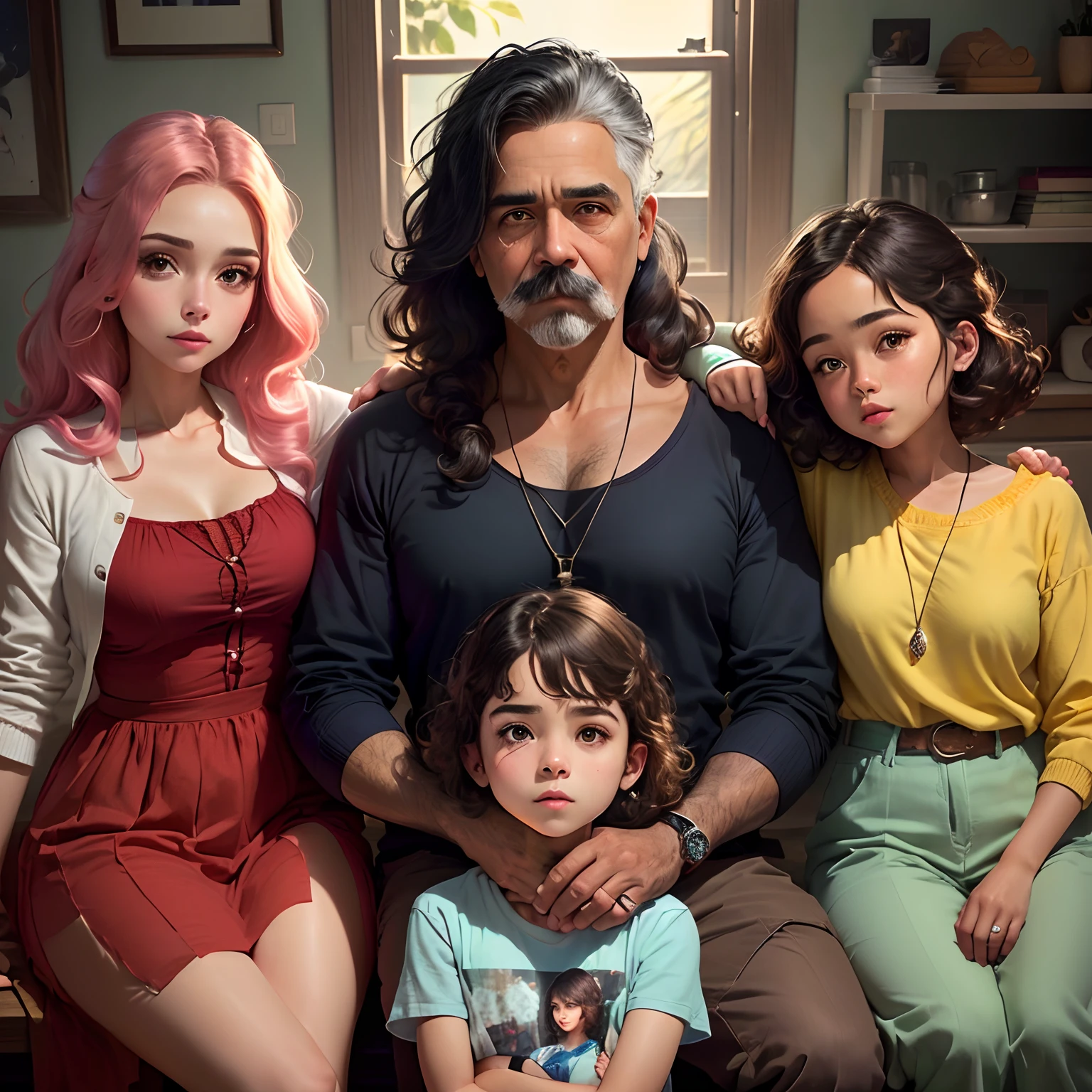 Criar uma capa de filme estilo Pixar utilizando uma familia composta por uma menina de 8 anos, cabelo encaracolado castanho, olhos castanhos, A 35-year-old mother, cabelo vermelho encaracolado, olhos verdes e pelo branca, o pai tem pele morena clara, cabelo raspado, barba e bigode pretos com alguns fios brancos, e olhos castanhos.