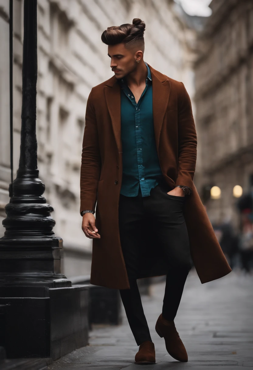 homem, estilo disney pixar, Black toothpick brown color topknot hair standing in london, imagem em 3d