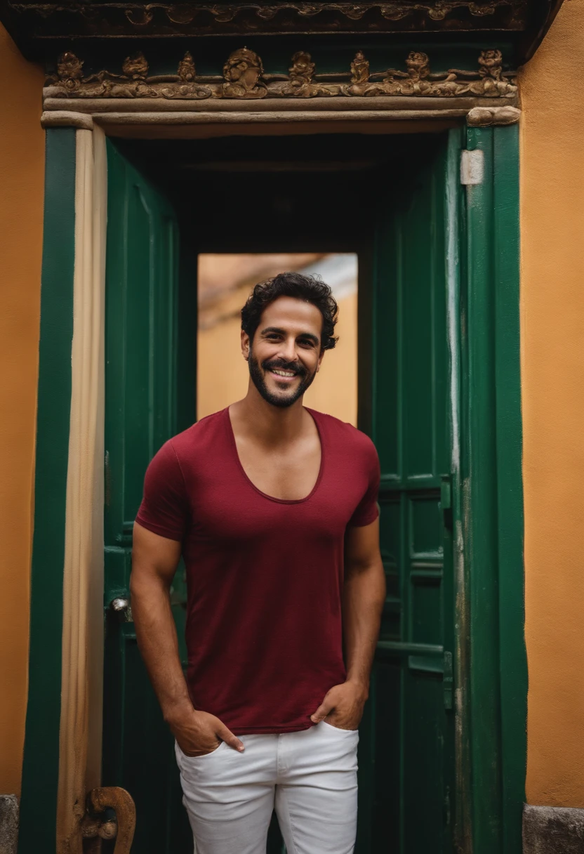 Jovem de 34 anos, branco, rosto bonito, testa saliente, sobrancelha preta volumosa, medium sized nose, cabelo preto e liso curto, olhos castanhos pequenos, vestindo jaleco branco de terapeuta, sorriso largo com dentes aparentes, posa para foto, behind him a colorful door of an old mansion in the city of Ouro Preto, Minas Gerais, Brasil.