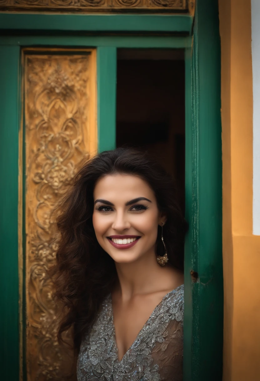 Jovem de 34 anos, branco, rosto bonito, testa saliente, sobrancelha preta volumosa, medium sized nose, cabelo preto e liso curto, olhos castanhos pequenos, vestindo jaleco branco de terapeuta, sorriso largo com dentes aparentes, posa para foto, behind him a colorful door of an old mansion in the city of Ouro Preto, Minas Gerais, Brasil.