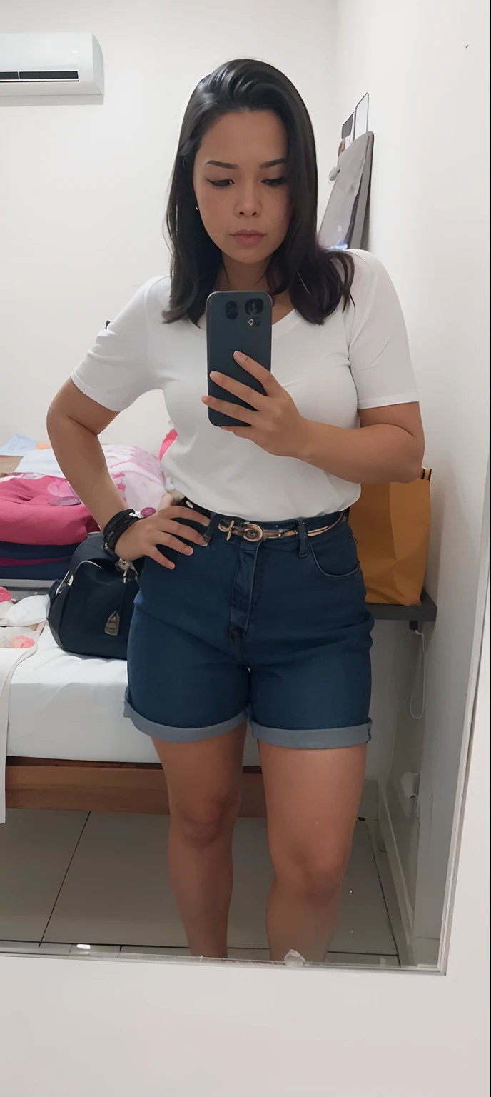 there is a woman taking a selfie in a mirror, denim short pants, foto da roupa, imagem de corpo inteiro, tamanho curto, de bermuda, vestindo bermuda e camiseta, Pose frontal, mulher curta robusta, Round thighs, usando shorts jeans, vestido com uma camiseta branca, vestido com um top e shorts, full body frontal view, fotografia da roupa, croptop e shorts
