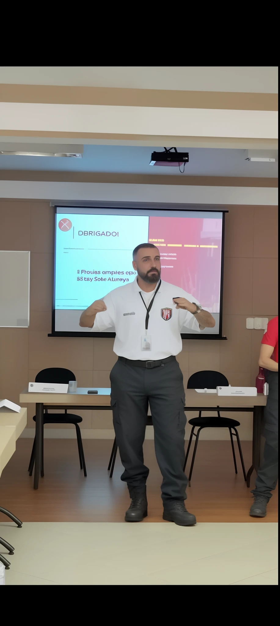 sorrir, cabelos pretos, com barba e bigode, in a classroom in front of a big screen, master part, best quality, super fino, Melhor sombra , estilo disney pixar, best ilumination , light cinematic , tom de pele branco. Um homem de meia idade, corpo atletico, vestindo camiseta polo branca com a palavra Giovenardi escrito em preto do lado esquerdo do peito, Black Tactical Pants and Black Military Boots