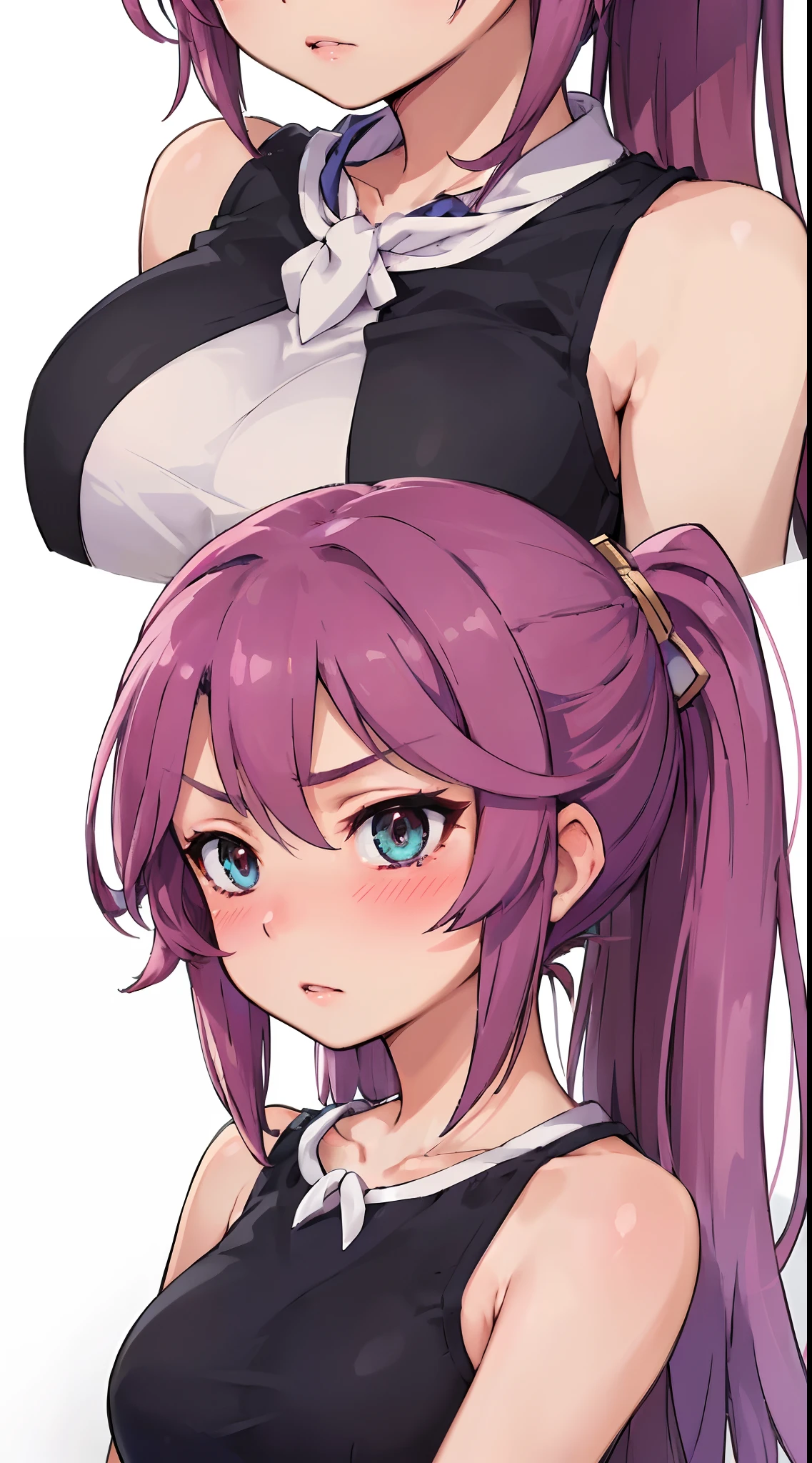 Jibril, ((upper body)), blushed, perfect anatomy, detailed eyes, detailed lips, extremely detailed eyes and face, vivid colors, sharp focus, masterpiece:1.2, ultra-detailed, blushed, ((doggystyle)), (solo), ((blue dress)), sleeveless, (ponytail), (((disdain, disgus, charecter sheet))), looking at viewer, perfect anatomy
