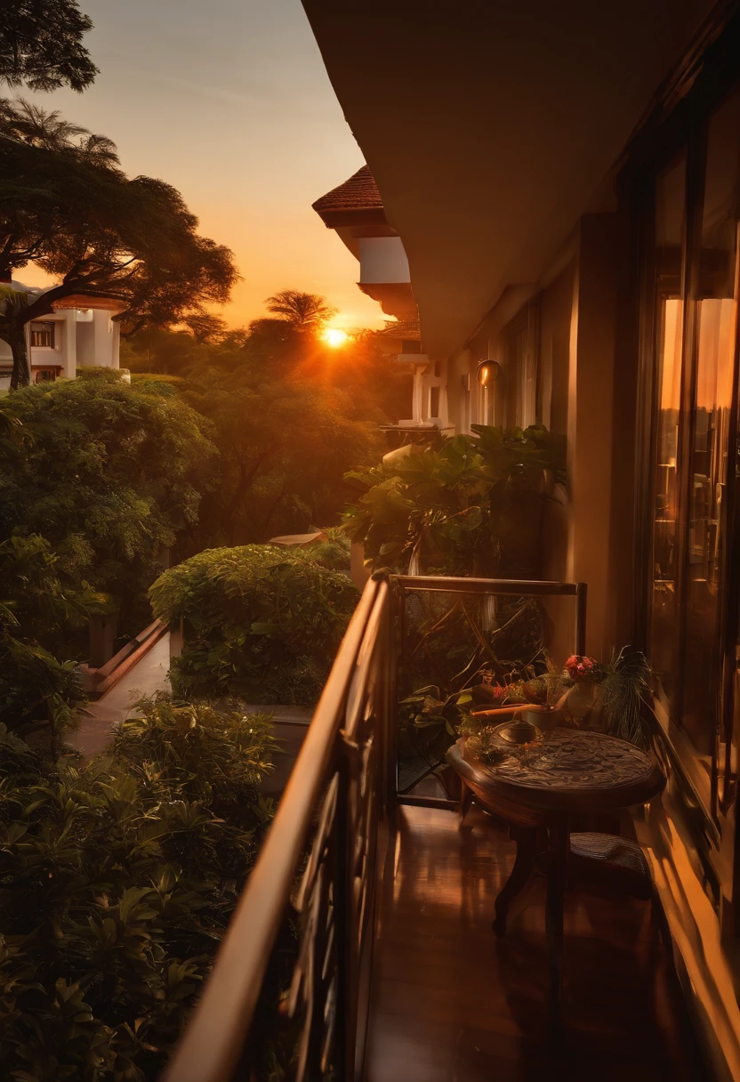 hotel front view、the setting sun