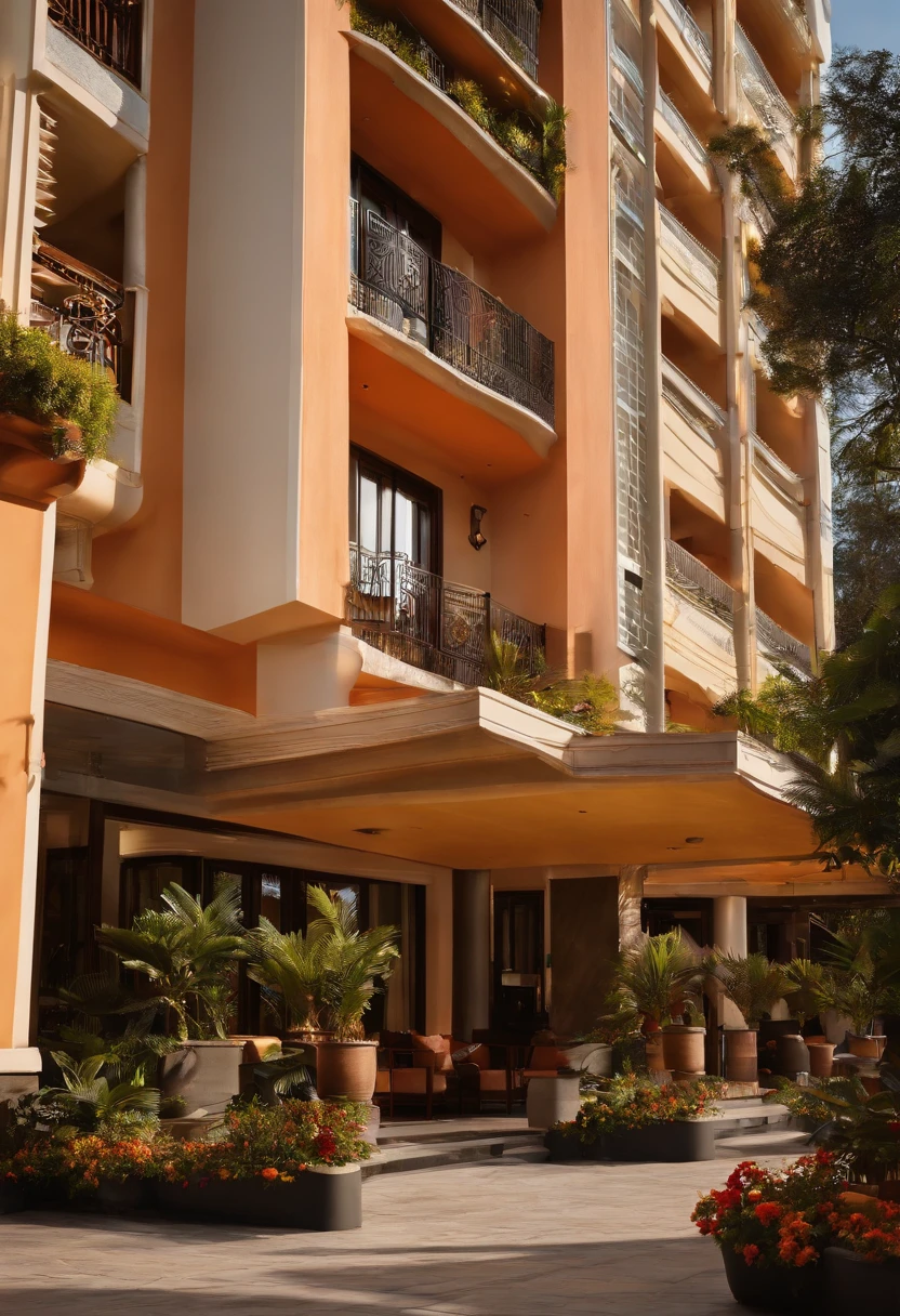 hotel front view、the setting sun