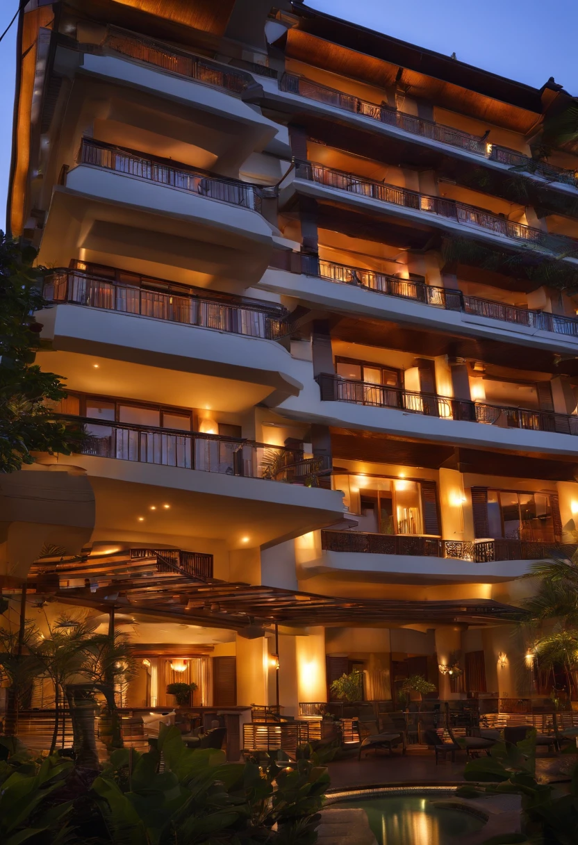 hotel front view、the setting sun