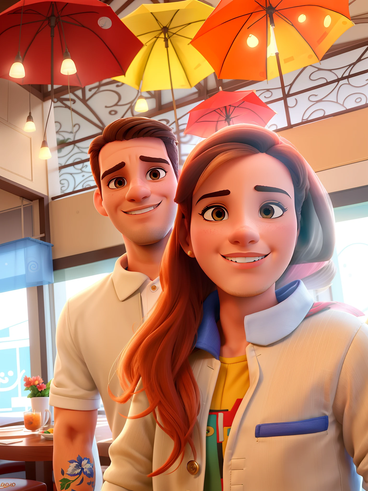 Casal homem moreno e mulher loira, embaixo de guarda chuva em um restaurante, estilo Disney pixar, melhor qualidade, foto perfil, Looking directly at the camera
